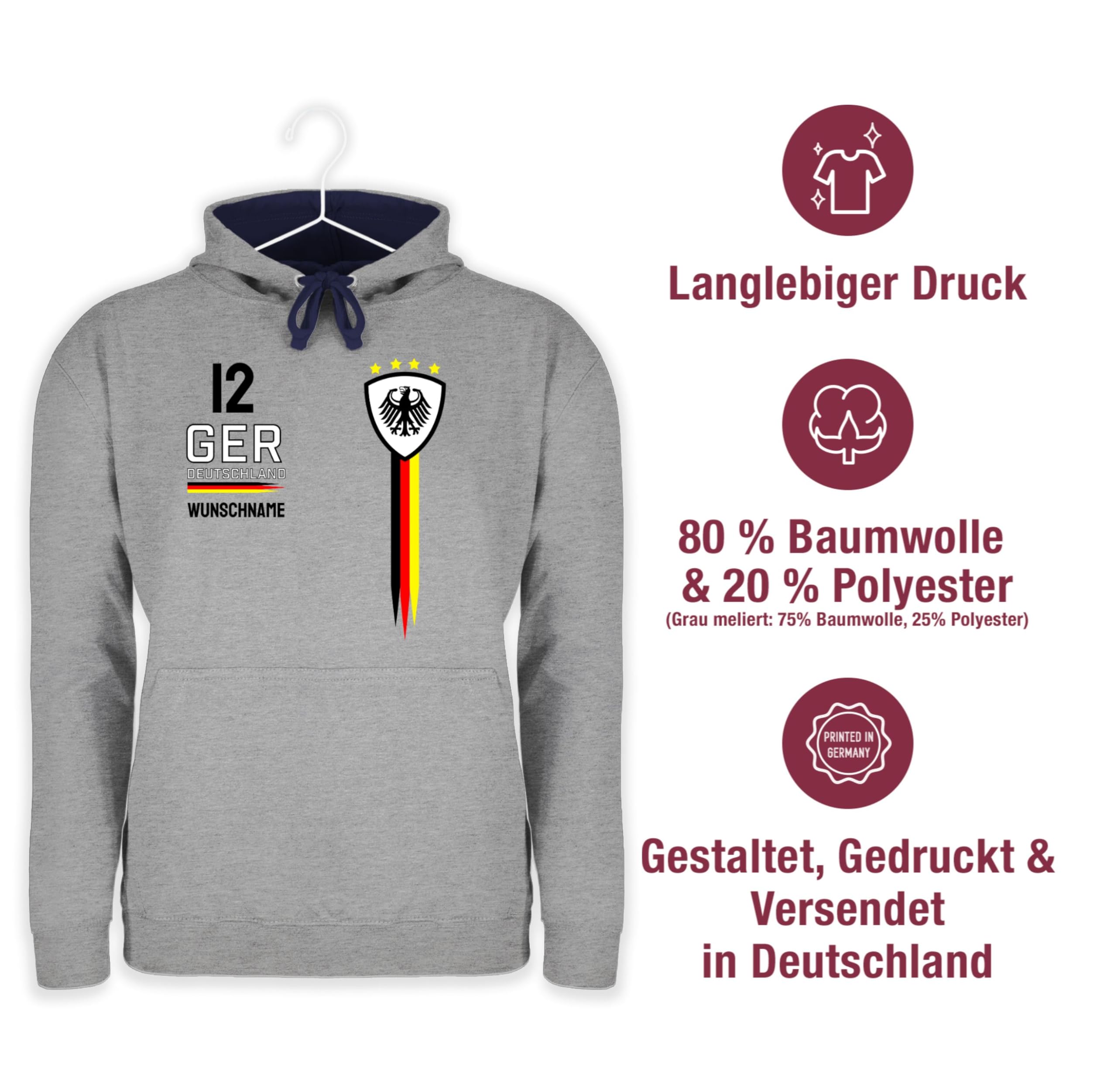 Geschenk mit Namen personalisiert by Shirtracer - Pullover Herren Frauen Hoodie Kontrast zweifarbig - 2026 Fussball Fanartikel - Deutschland WM Trikot Farben