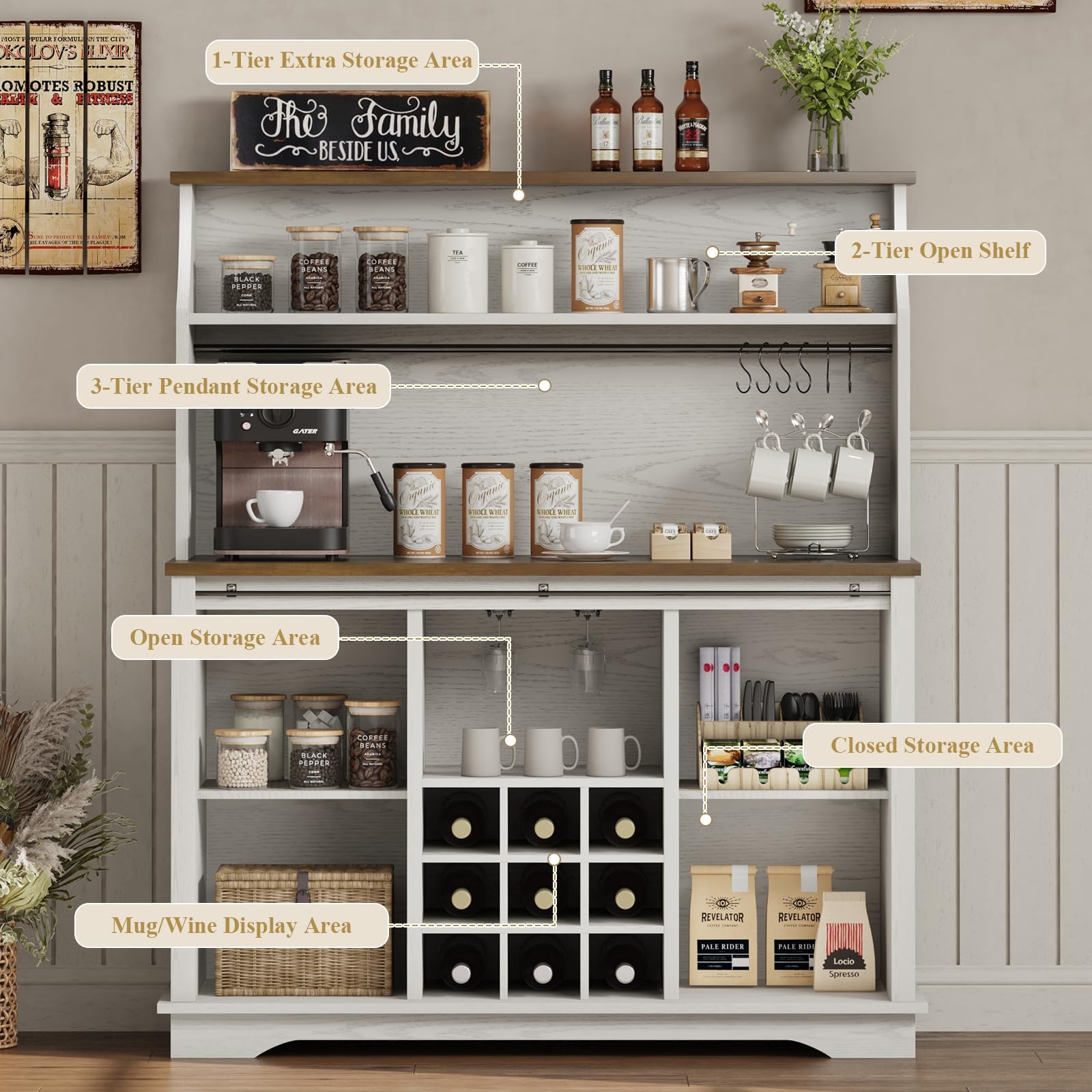 Coffee Hutch Cabinet 47" Farmhouse Coffee Bar With 3-Tier Storage, Kitchen Hutch Coffee Hutch Cabinet With Storage