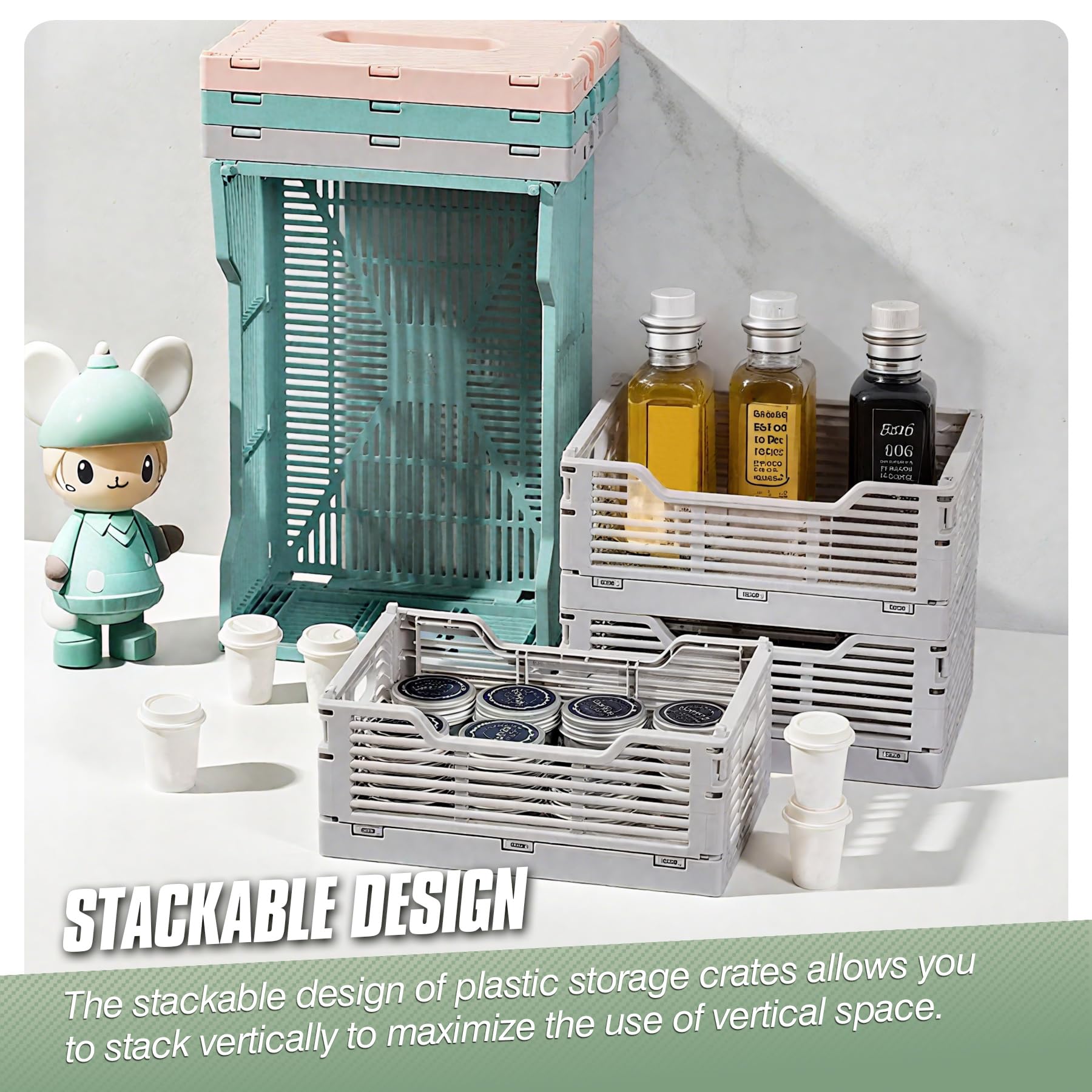 Set di 4 scatole pieghevoli in plastica - Scatole di archiviazione impilabili - Per casa, aula, ufficio, cucina, camera da letto (40 x 30 x 15,5 cm, blu)