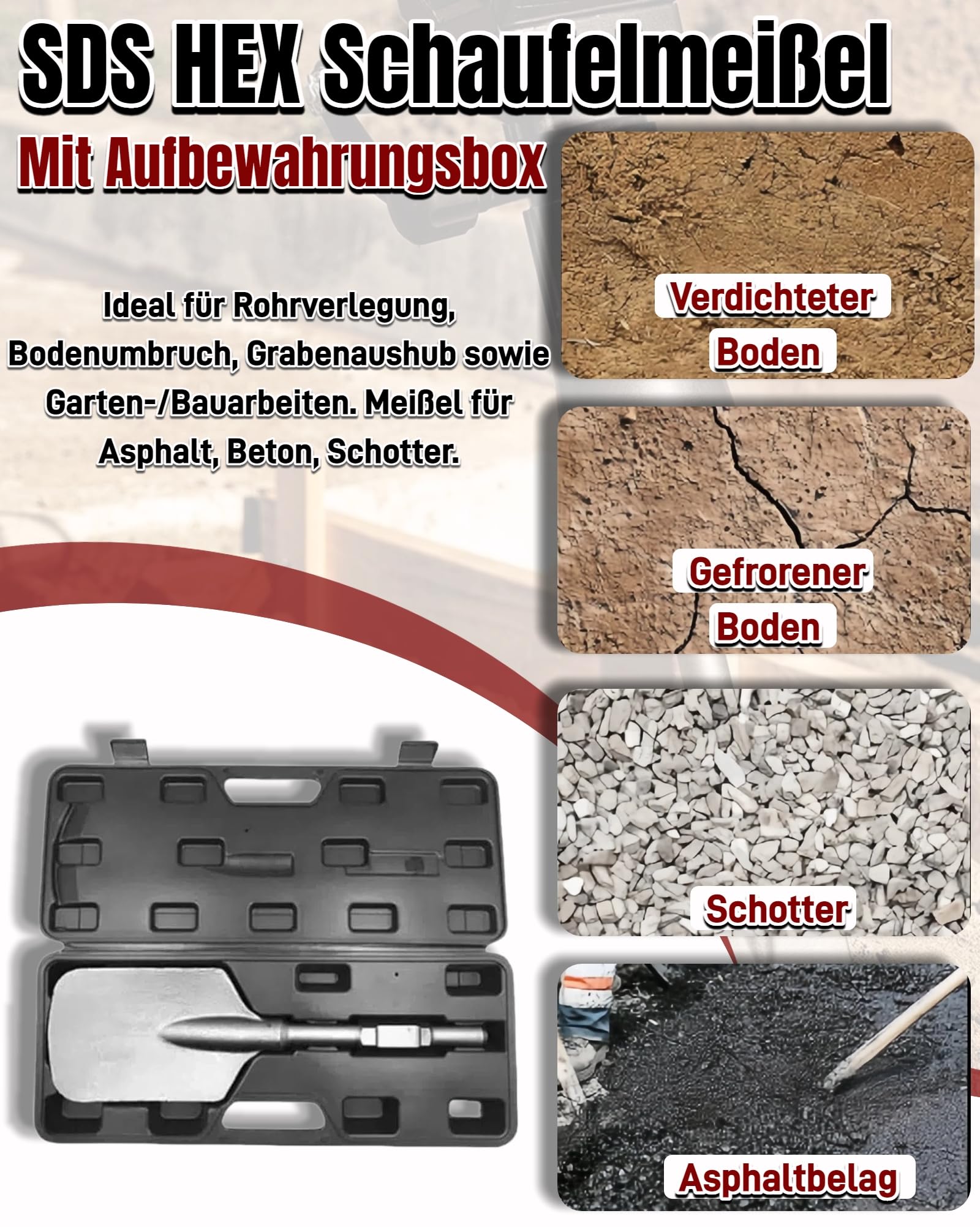SDS HEX Schaufelmeißel 135 x 440 mm Meißel Sechskant-Aufnahme 30mm SDS HEX Breitmeißel mit Kunststoffkoffer Asphaltmeißel für Abbruchhammern Lehm Spaten von Hartem Schmutz Ton Losem Beton