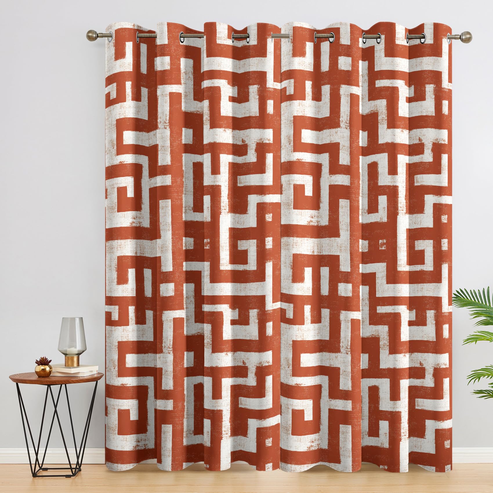 Rideau Orange Rouille Terracotta Occultant Motif Abstrait Géométrique Rideaux Chambre Salon Cuisine Fenêtre 140 x 300 cm, Oeillets Rail Rideaux Occultants Thermique