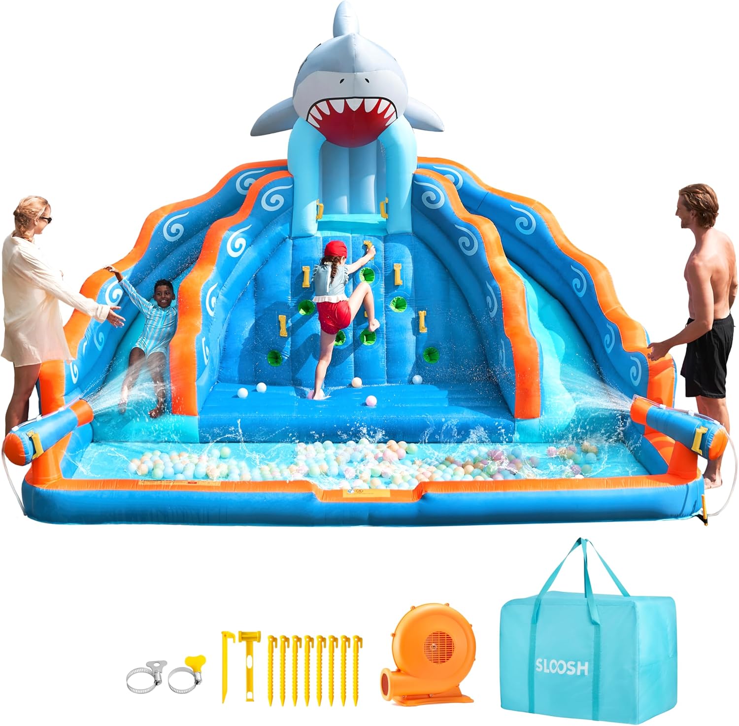 SLOOSH Inflatable Water Slide Park for Kids, 6 in 1 Bounce House Double Slides Bouncy Castle with 450W Blower, Climbing Wall, Water Cannon, Splash Pool for Outdoor Backyard Party
