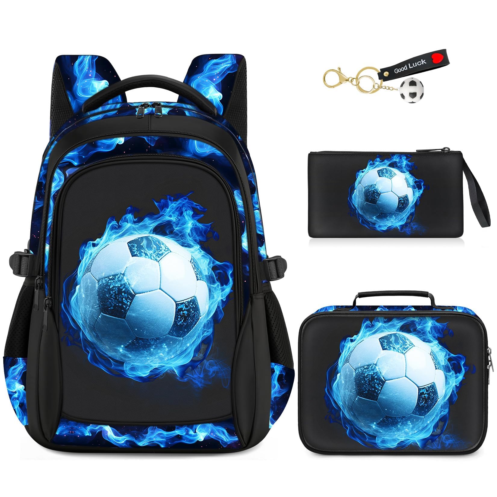 ZHIMEBYE School Backpacks for Boys - 4pcs Soccer Boys Backpacks with Lunch Box Set for Kids Teens Elementary Middle School, 17″ Large Capacity