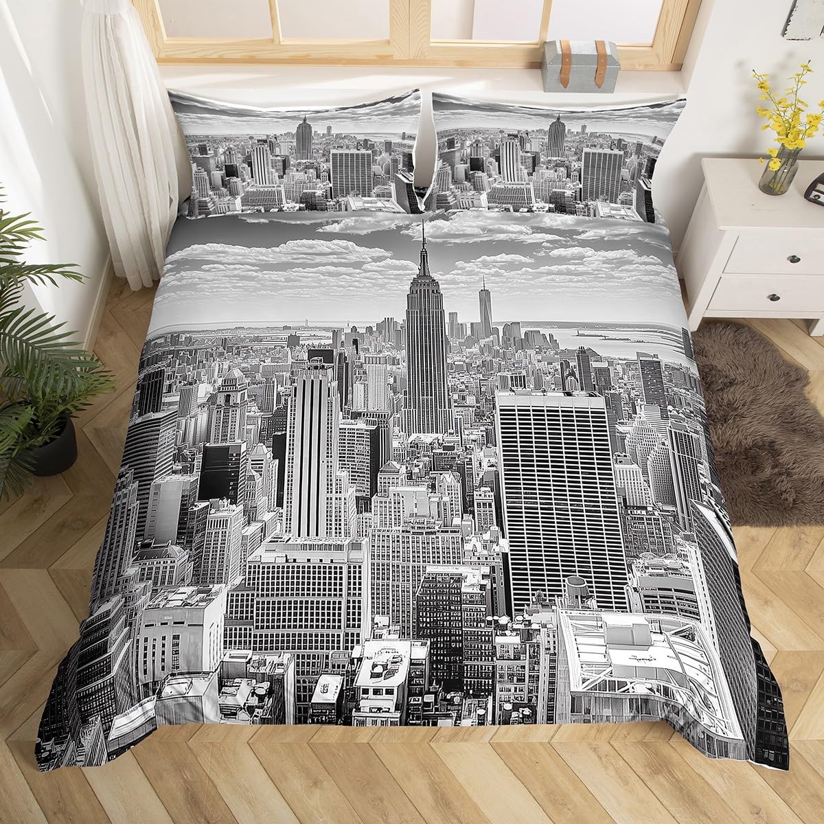 World Cities Theme Duvet Cover Bedding Set - Grey Modern Floral Pattern, All Sizes