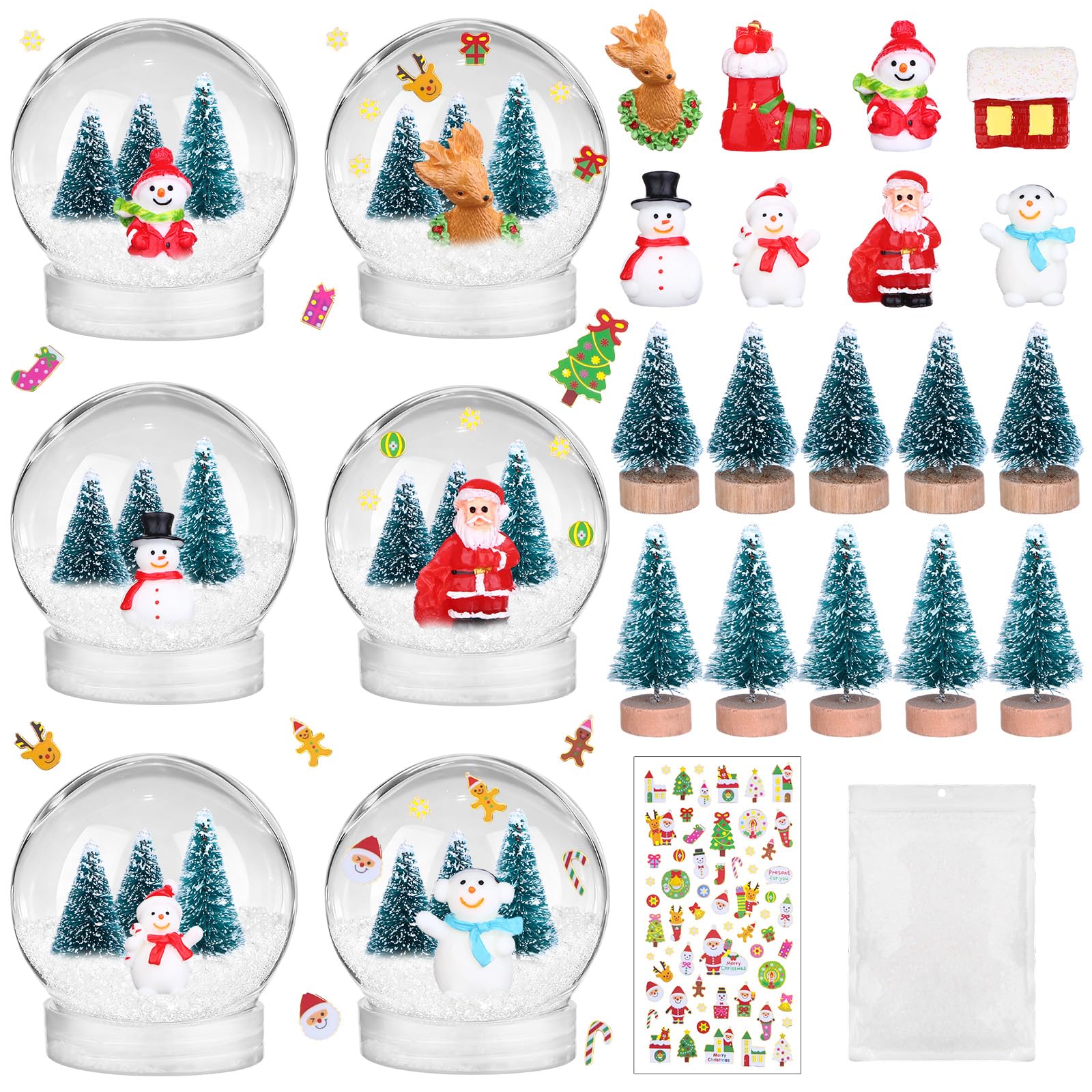 8 Set Christmas DIY Snow Globe Kit Including 8 Clear Globe 16 Mini Xmas Trees 8 Christmas Snowman Ornaments 1 Xmas Sticker with Artificial Snow Display for Crafts Winter Home Decoration