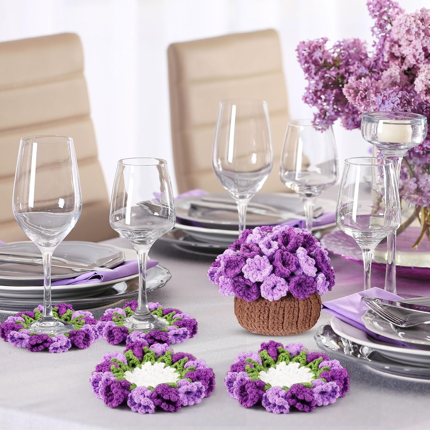 HunnmingRe 15 Pcs 3D Cute Crochet Flower Coasters Set, Spring Summer Floral Table Coasters with Plant Pot Holder, Soft Decorative Cup Mat, Housewarming Gift(Purple,Lily of The Valley​)