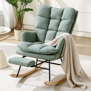 Thick-Padded Nursery Rocking Chair, Glider Chair with Ottoman, Green