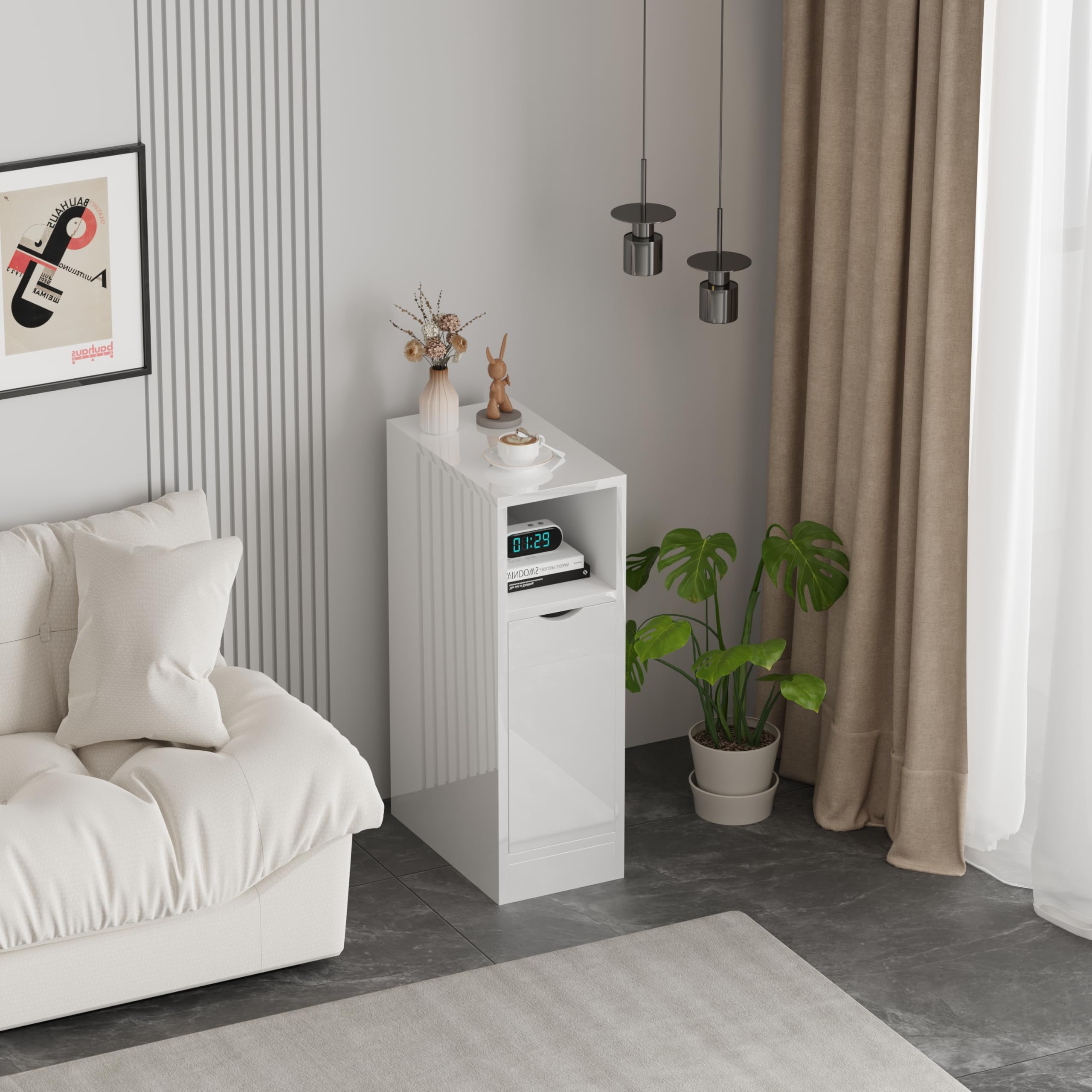 Menaka 20CM Narrow Bedside Table Cabinet with Charging Station, Slim Side Table Bed Side Nightstand with USB Ports & Power Sockets for Bedroom Living Room (white high gloss door, no charging) — image 1