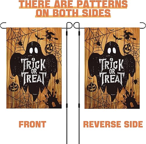 Miniatura 6 de CVHOMEDECO. Banderas de castillo de Halloween de doble cara para jardín, calabazas, fantasmas, murciélagos, decoración al aire libre, resistente a