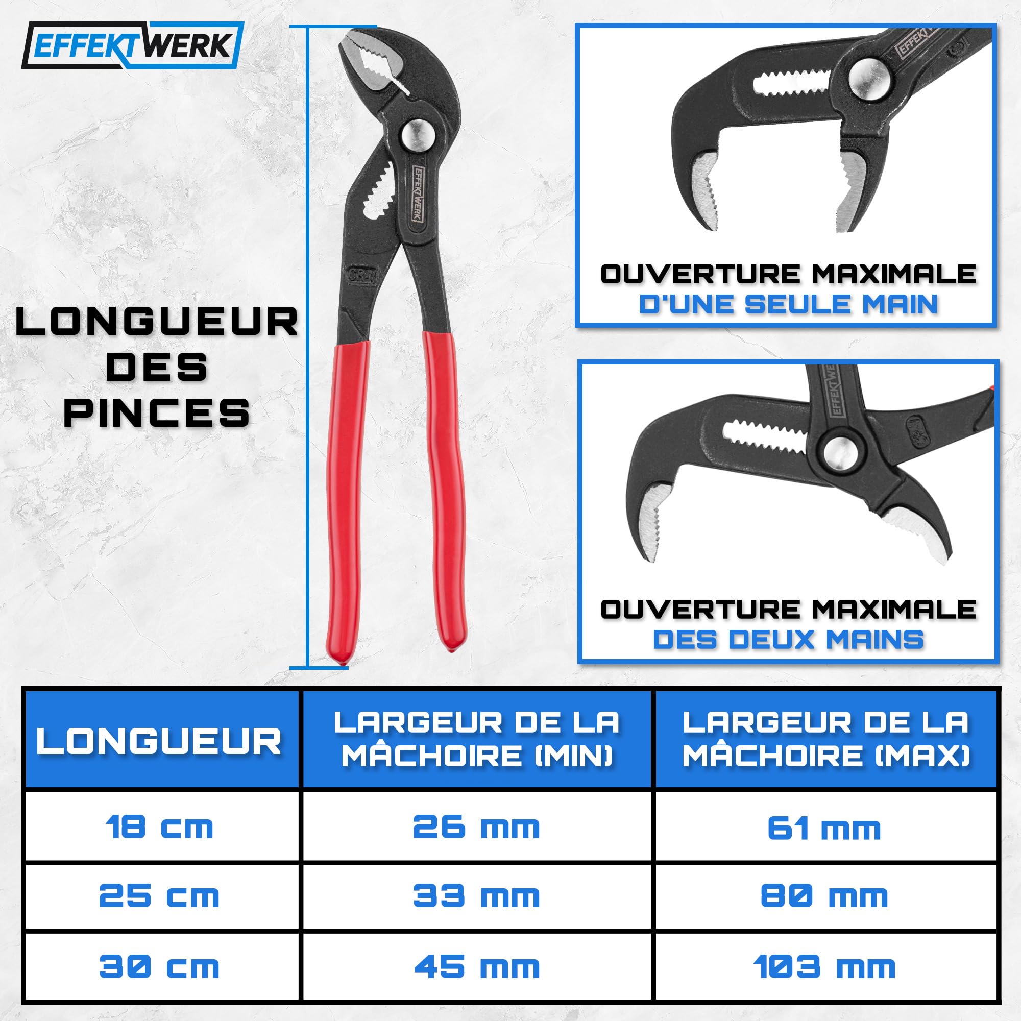 Ensemble de 3 pinces multiprises - 18 cm, 25 cm, 30 cm - Clé de plombier antidérapante, pince à rainure et languette avec mâchoires réglables