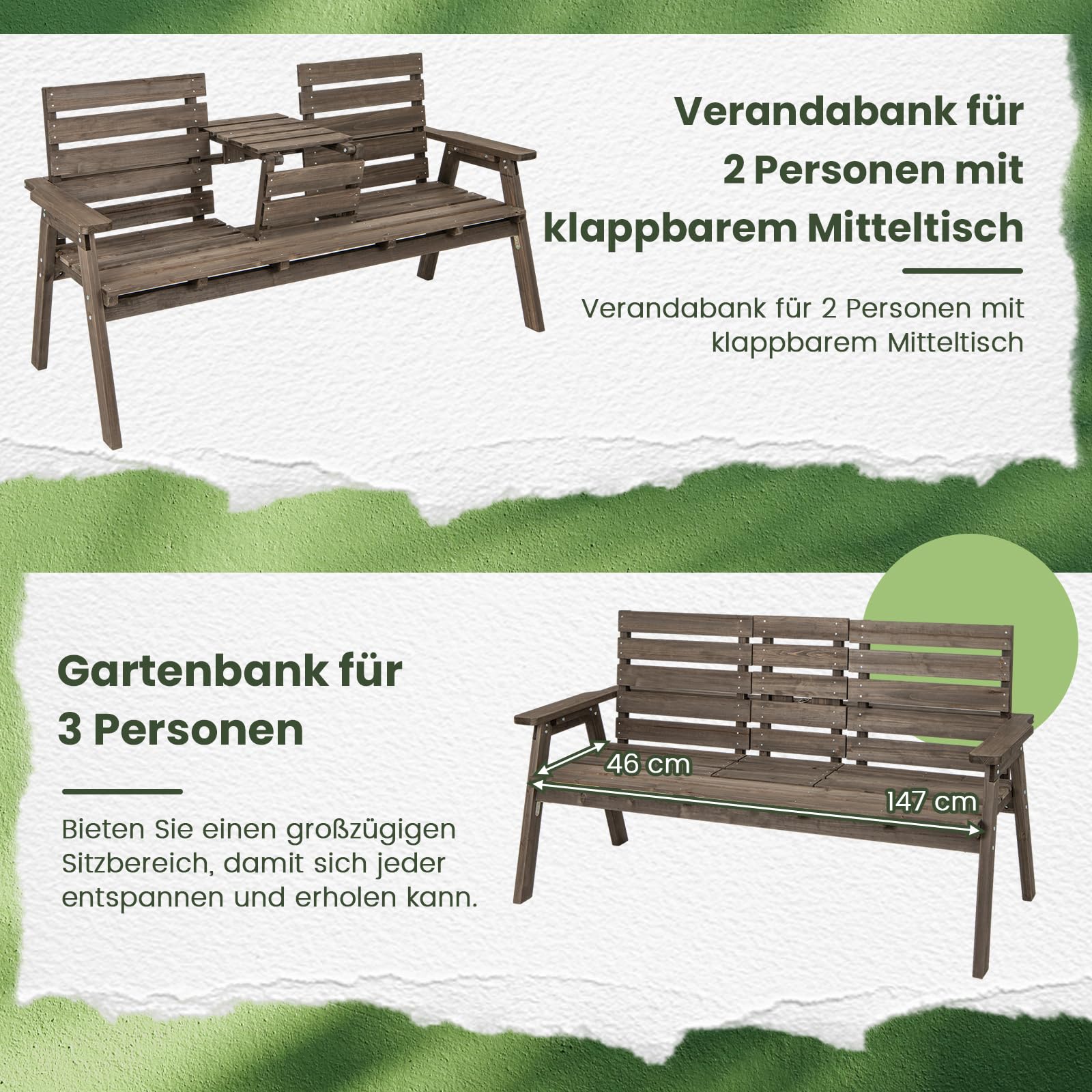 COSTWAY Tuinbank met tafel, 2-zits houten bank met parasolgat, zitbank van hout, terrasbank voor balkon, tuin, terras, 159,5 x 61,5 x 88 cm