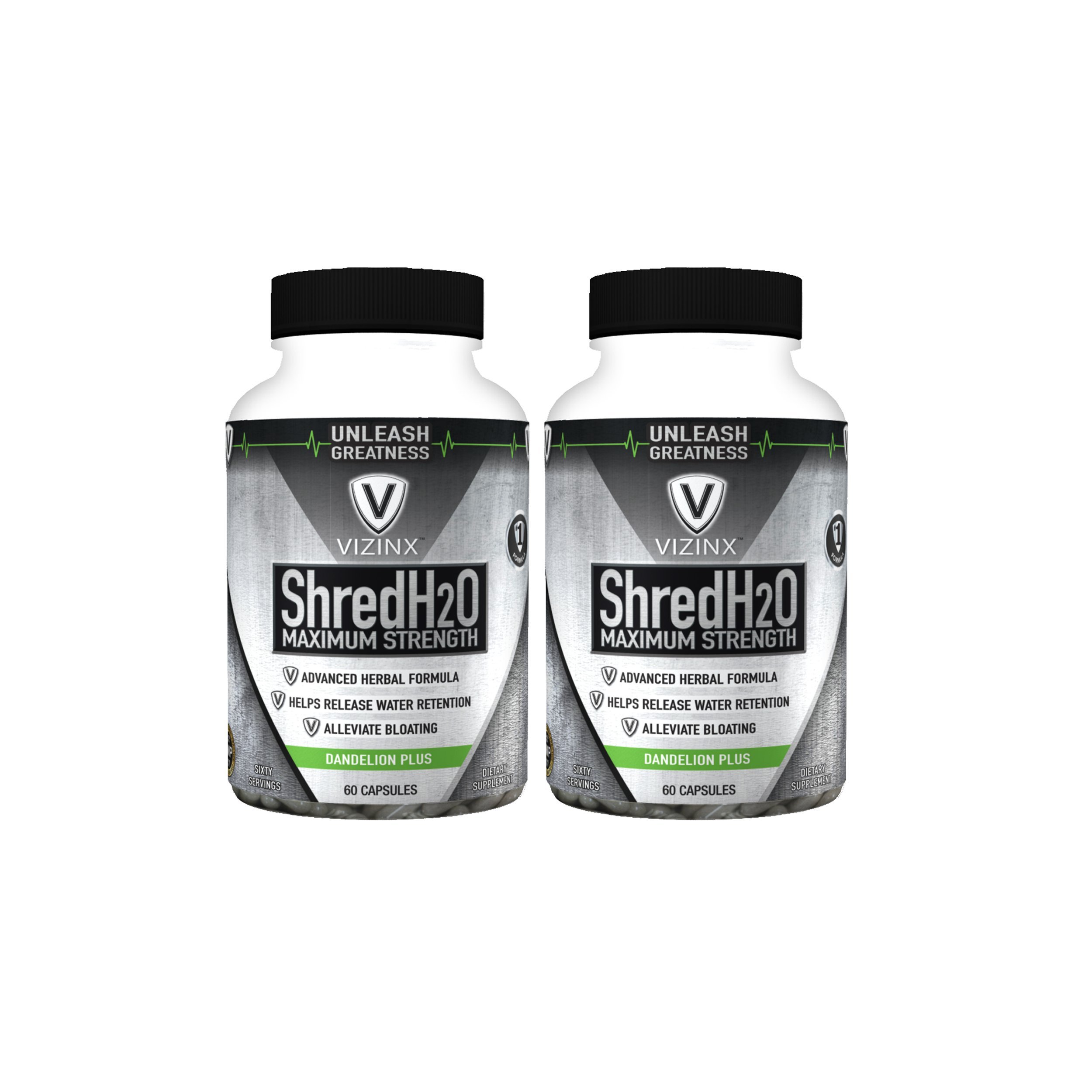 Shred H2O Twin Pack = Two 60 Count Bottles with Dandelion, Green Tea, Cranberry, Apple Cider Vinegar, Buchu, Juniper, Watermelon & More. Supports Healthy Potassium Levels & Water Balance