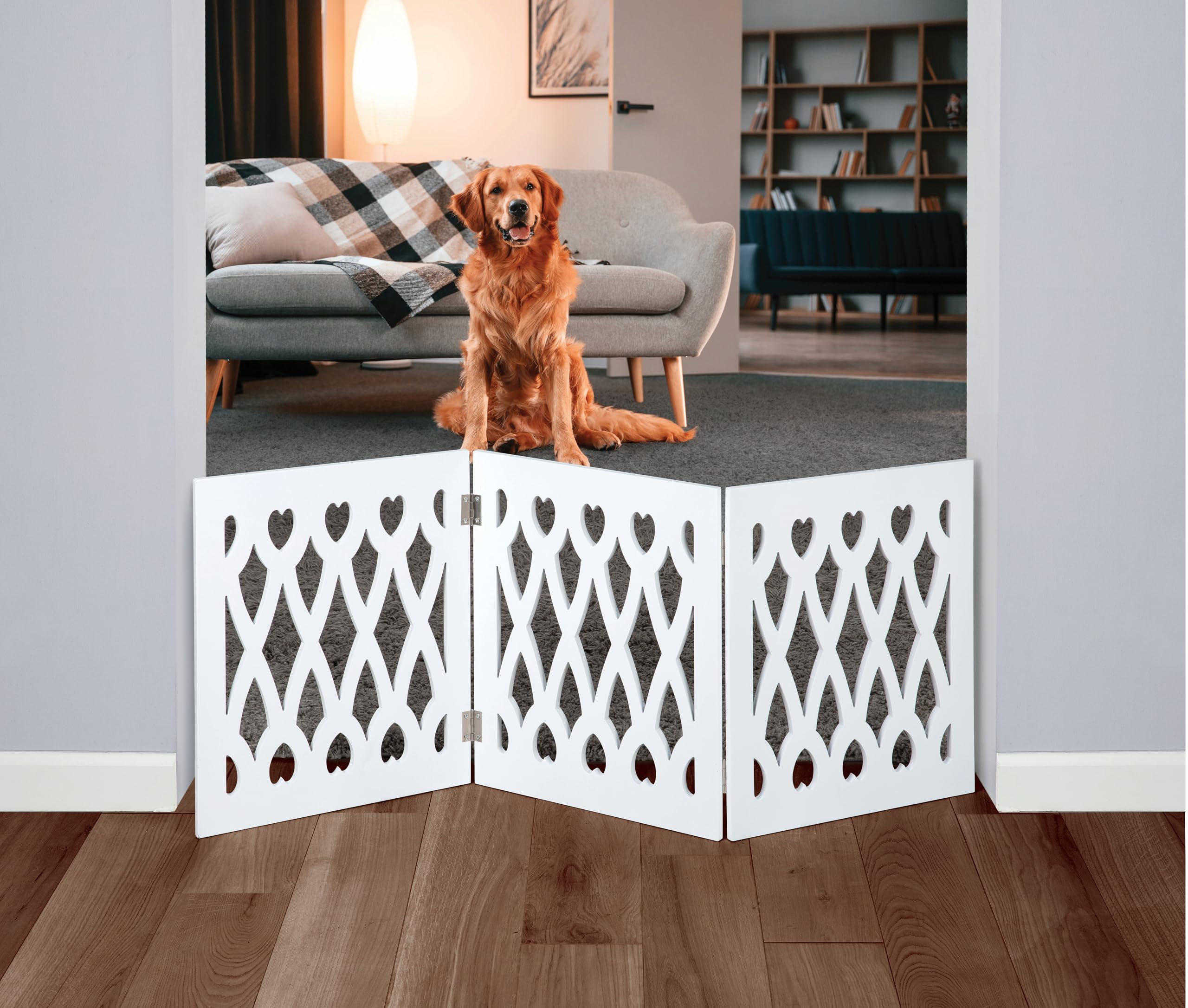 46.2" Indoor/Outdoor Free Standing Adjustable Solid Wood 3 Panel Hearts and Diamond Design Pet Gate - White