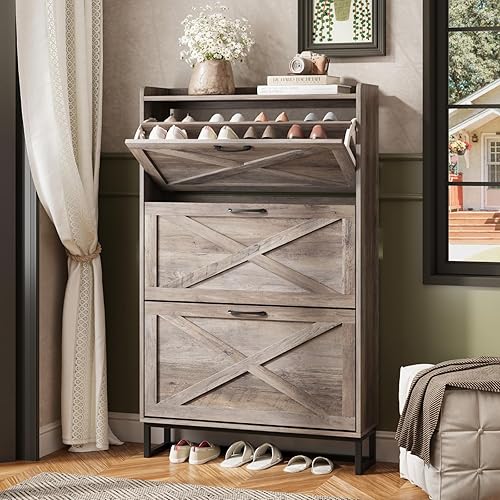 Maupvit Shoe Storage Cabinet with 3 Flip Drawers, Freestanding Organizer