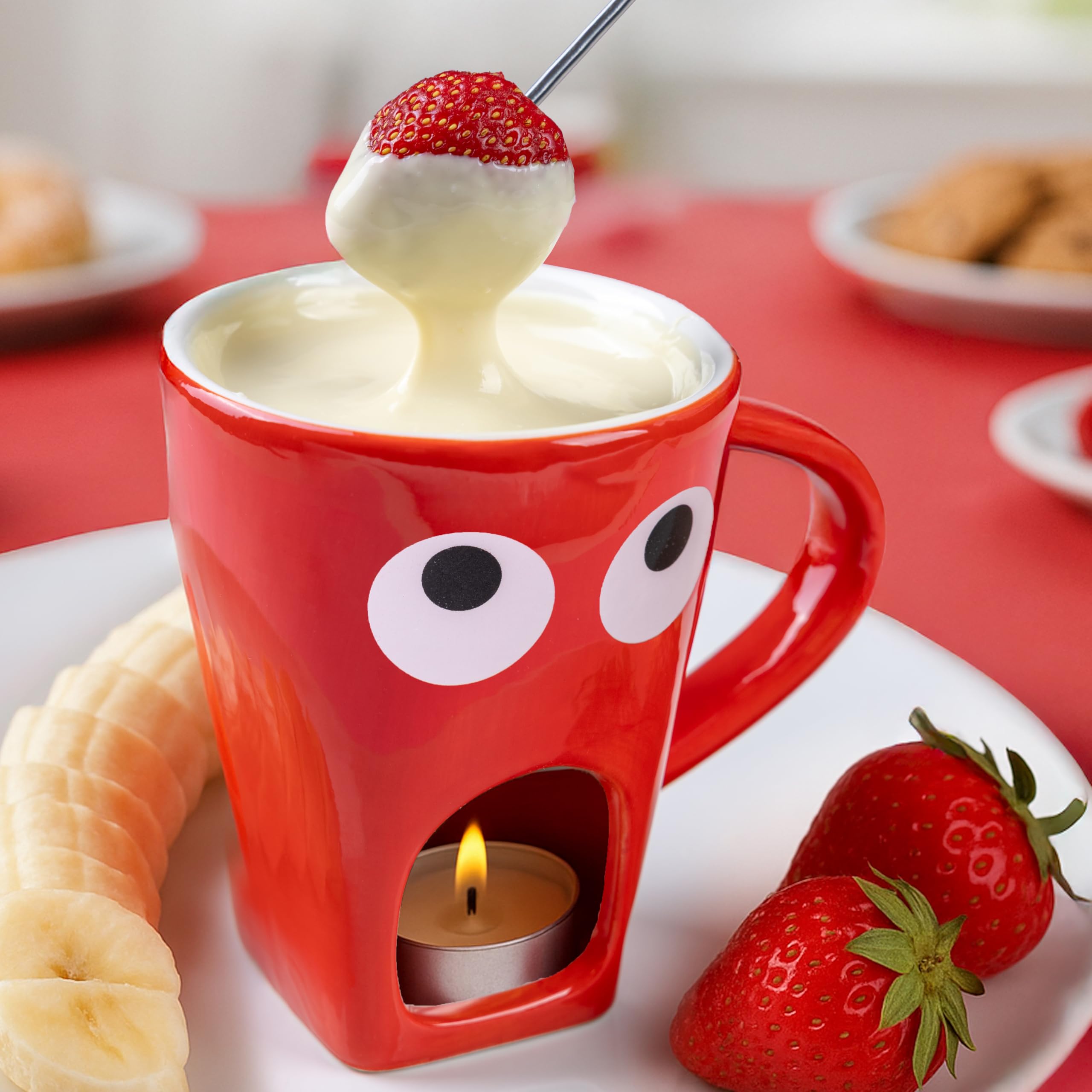 Fisura – Taza fondue chocolate original. Fondue de queso con taza y tenedor. Taza roja con estampado de ojos para fondue. Taza original para regalo. 140 mililitros