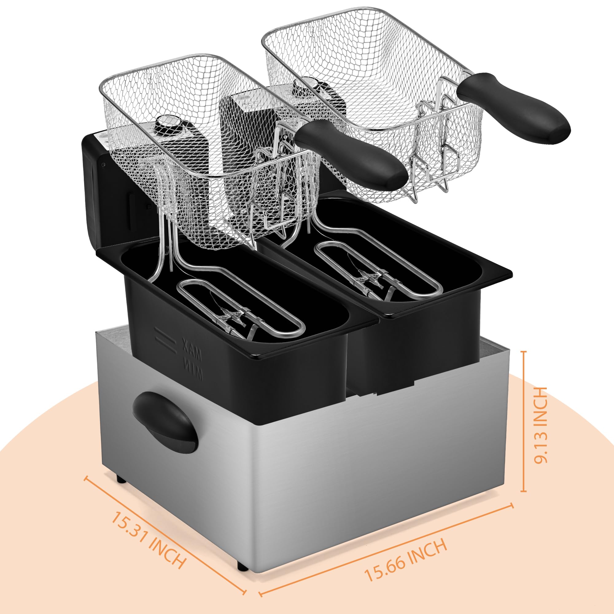 SUSTEAS Deep Fryer, 2 Baskets Electric Oil Fryer with 5.4QT/6L,3000W Timer Control Adjustable Temperature, Lid with Viewing Window and Odor Free Filter, Stainless Steel, Perfect for Kitchen, Fry Fish