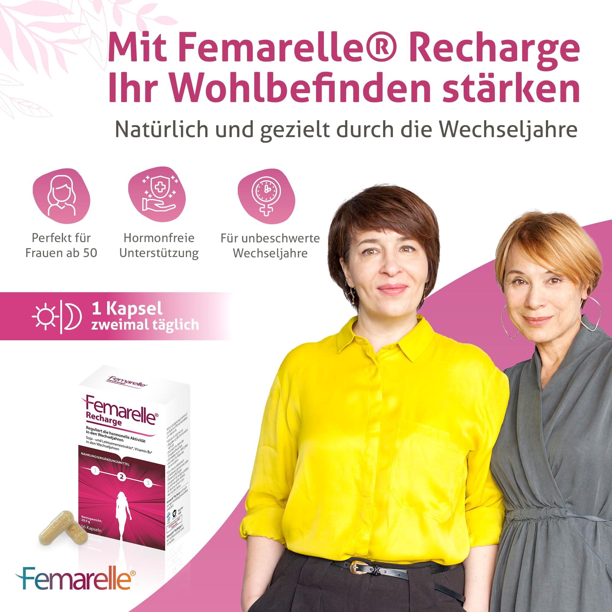 Femarelle Recharge - Wechseljahre Kapseln, Meno Komplex für Frauen - hormonelles Gleichgewicht in der Menopause - Meno Balance - Mit DT56a, Leinsamen-Extrakt* und Vitamin B6*