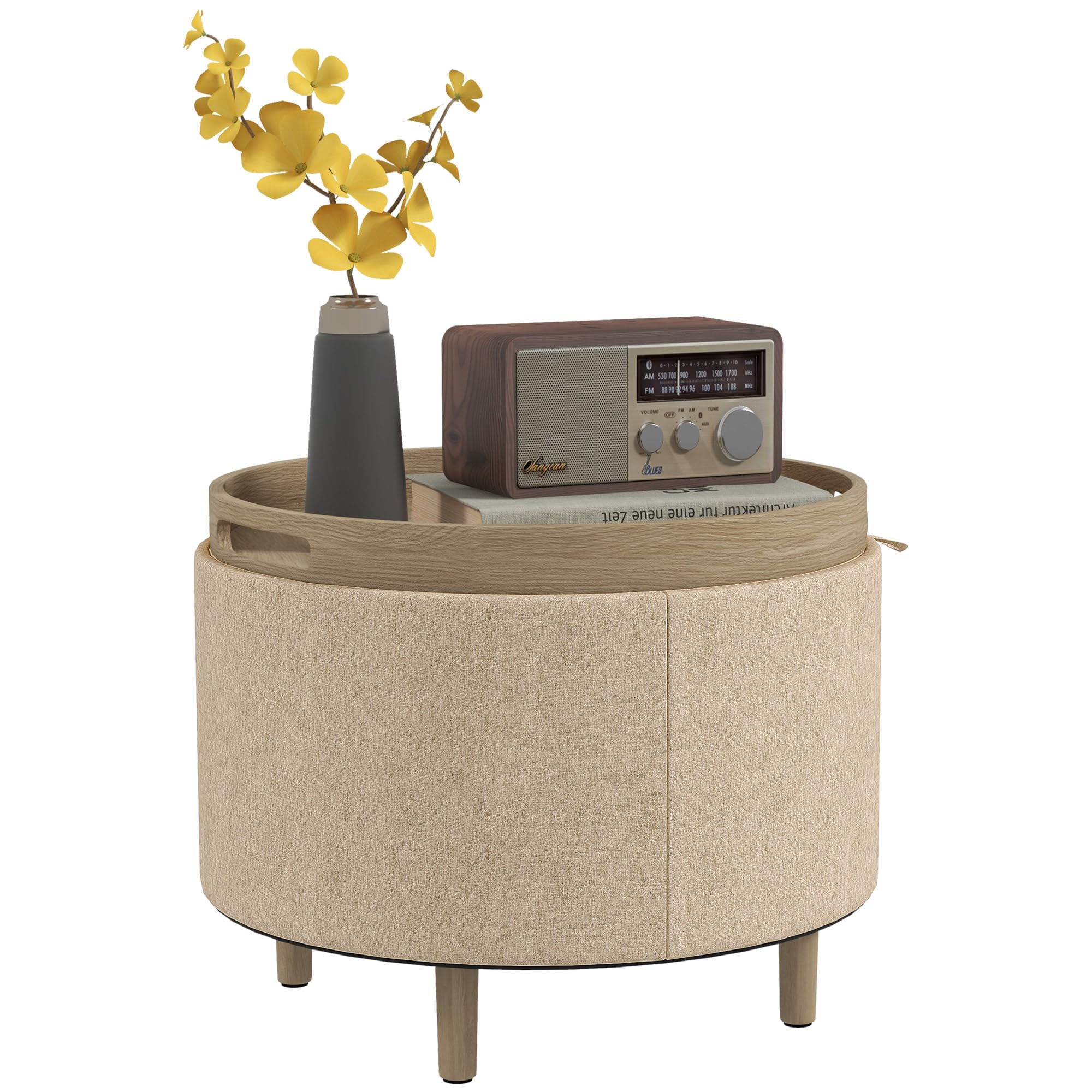 HomePop – Pouf Rotondo Grande Con Coperchio E Contenitore – Similpelle Crema, Gambe In Legno, 61x43 Cm