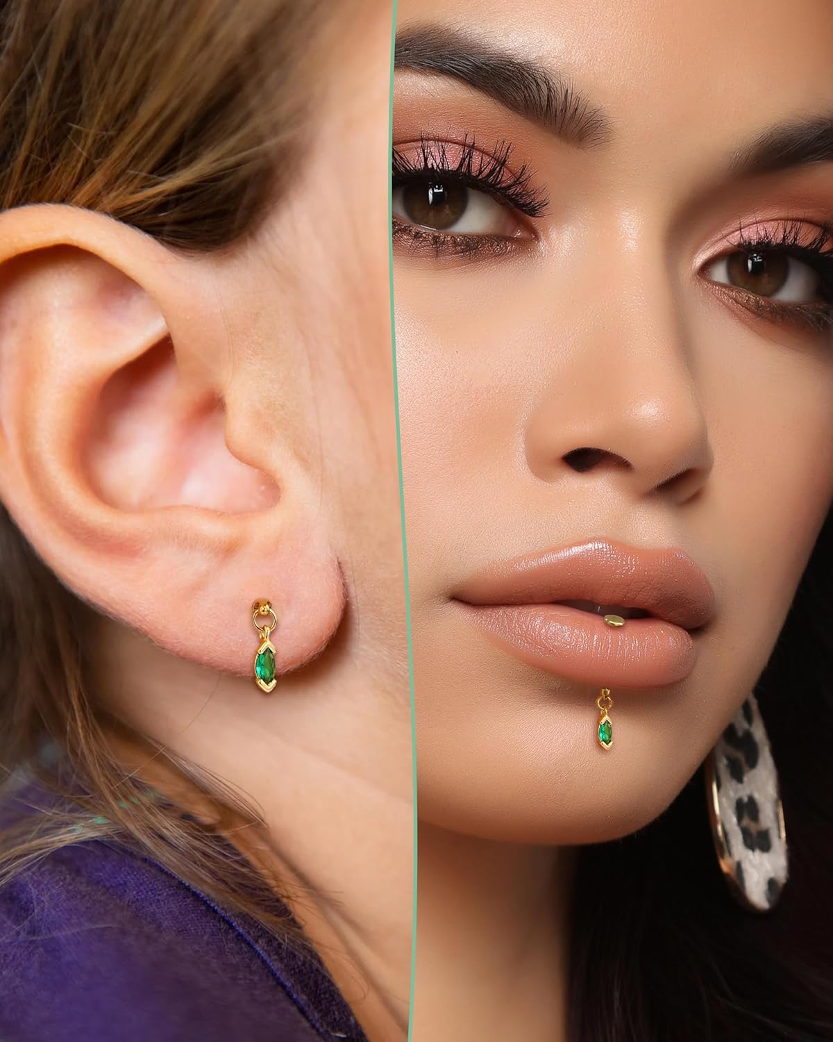 COCHARM 16G Vertical Helix Piercing Jewelry, Flat Back Labret Stud for Cartilage, Tragus & Conch, Dangle Design, Gold and Silver Tone Lobe Helix Earring Stud - Image 3