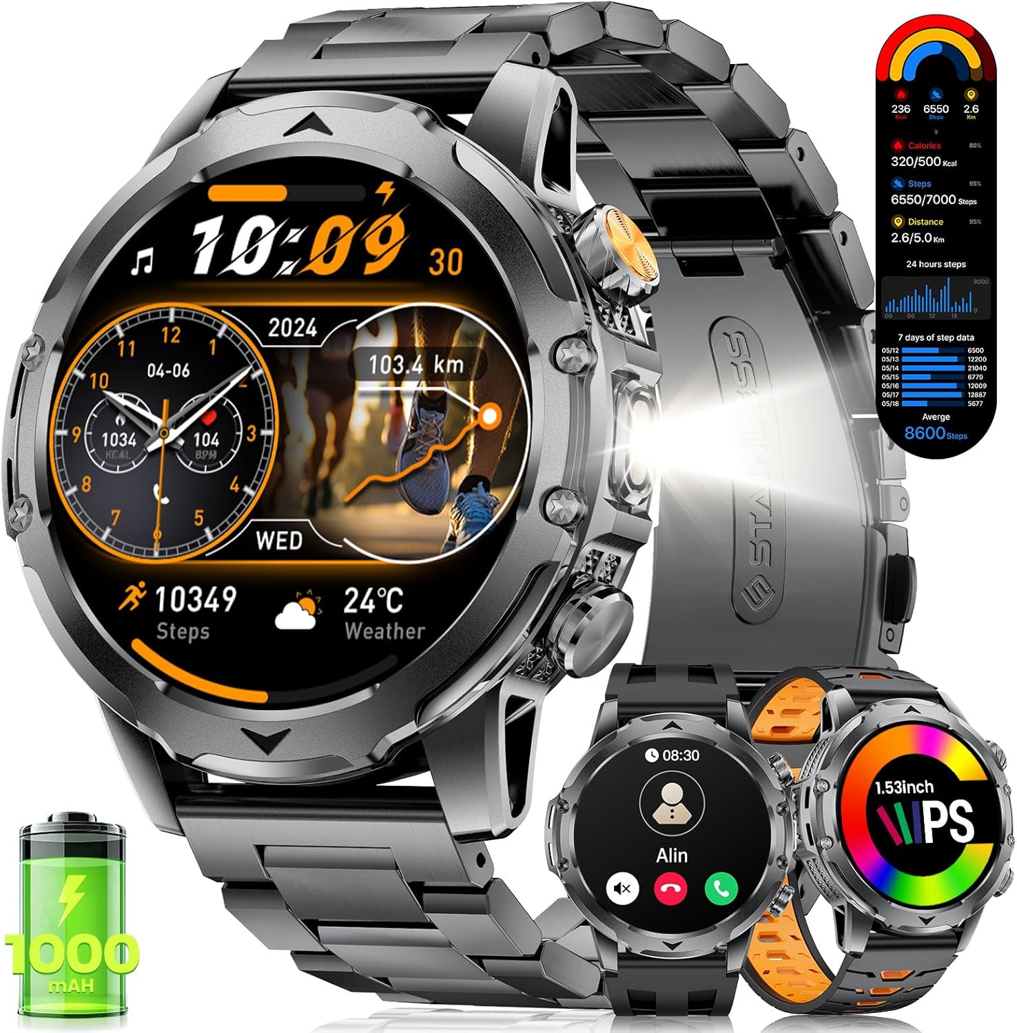 FITFLEX Montre intelligente pour hommes avec appels Bluetooth, montre intelligente HD AMOLED de 1,53 pouces avec batterie 1000 mAh (60+temps de veille)/lampe de poche/120+ sports/sommeil, IP68, montre de fitness iOS Android