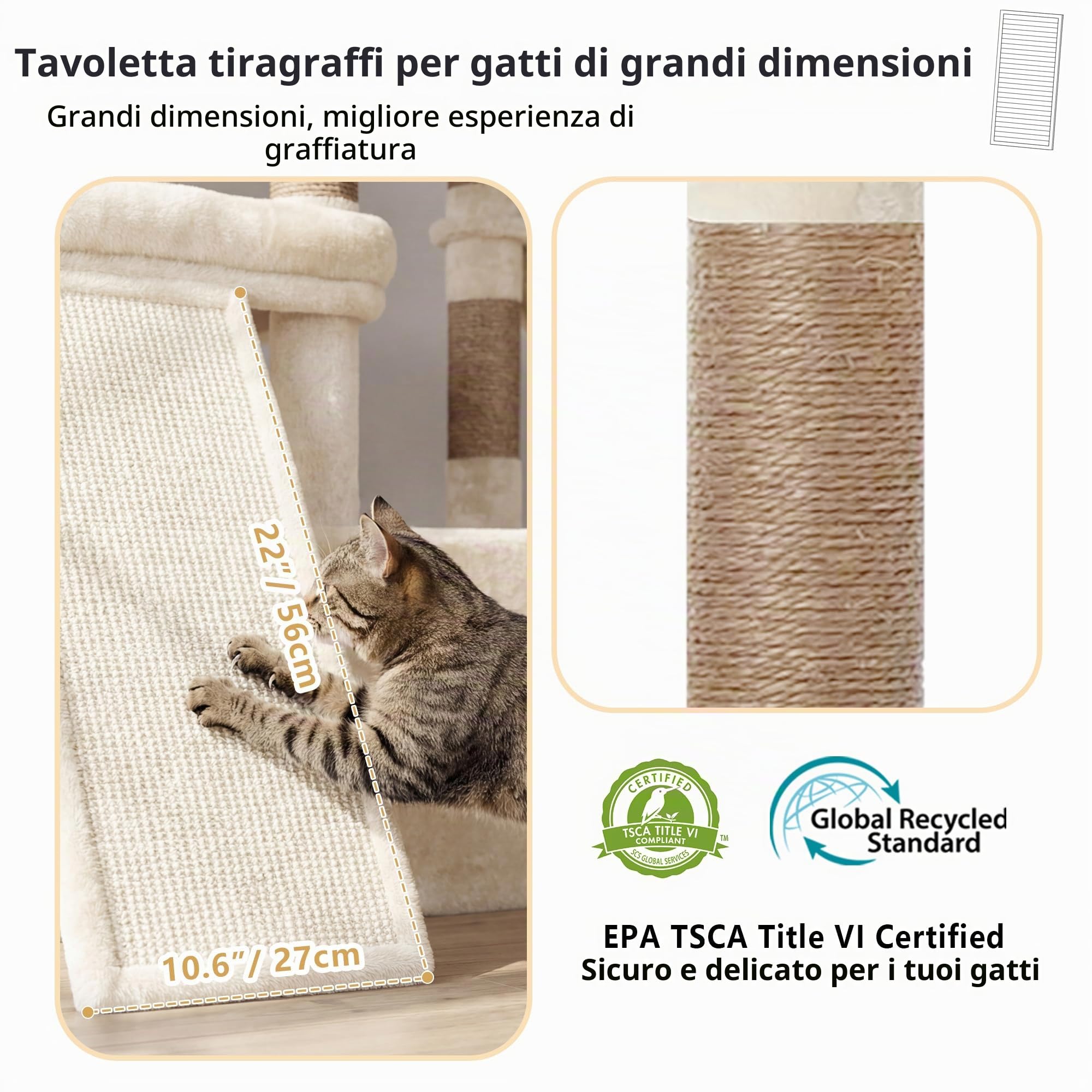 Heybly Albero Tiragraffi per Gatti da 184 cm, Torre Anti-Ribaltamento per Gatti Adulti XXL, Mobile con Posatoi Spaziosi, Zone Interattive Multiple e Grande Grattatoio in Sisal, Beige HCT060MJ
