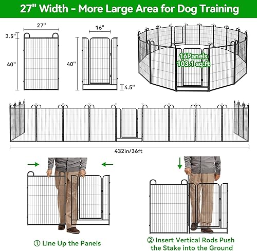 Miniatura 5 de Corralito para perros al aire libre, 16 paneles de valla resistente para perros, 40 pulgadas de altura, antioxidante, con puertas, portátil, para