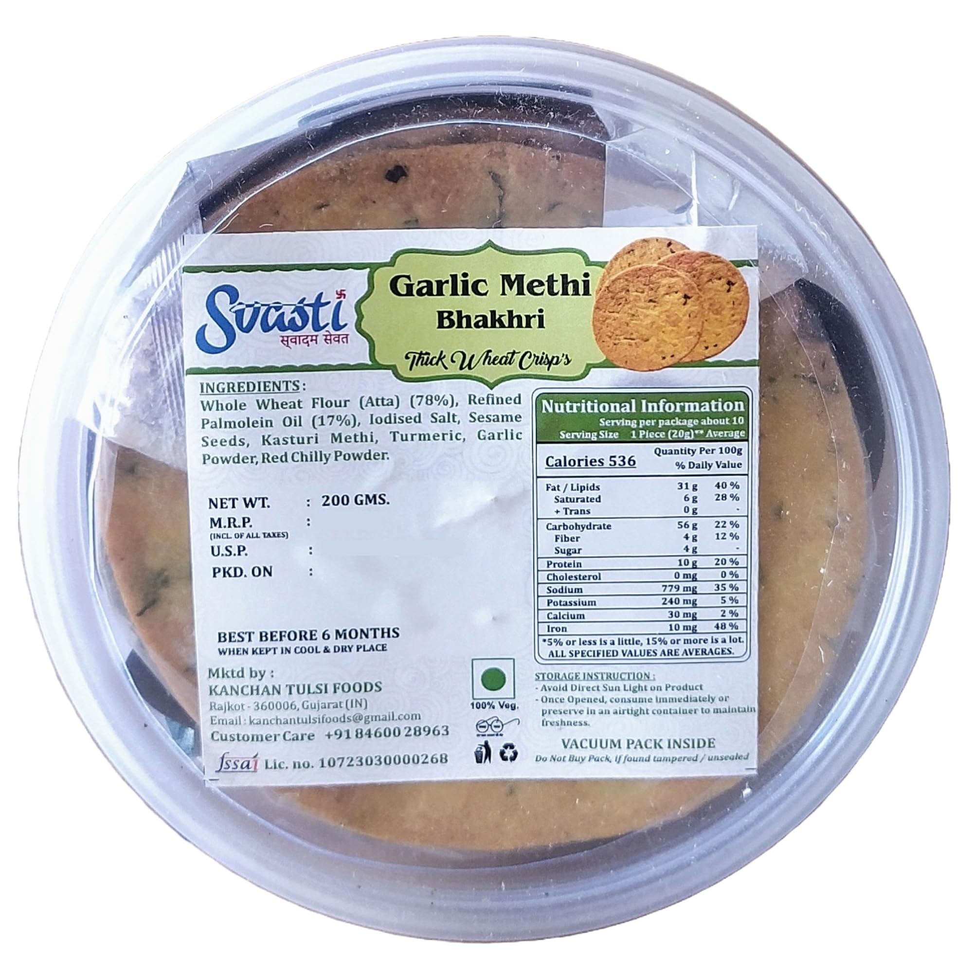 Svasti Dry Bhakri Snacks | Roasted Healthy Gujarati Snacks | No Maida | No Artificial Colours | With Onion & Garlic | Vacuum Packed | Whole Wheat Garlic Methi Bhakhri - 200 gms (Pack Of 4)