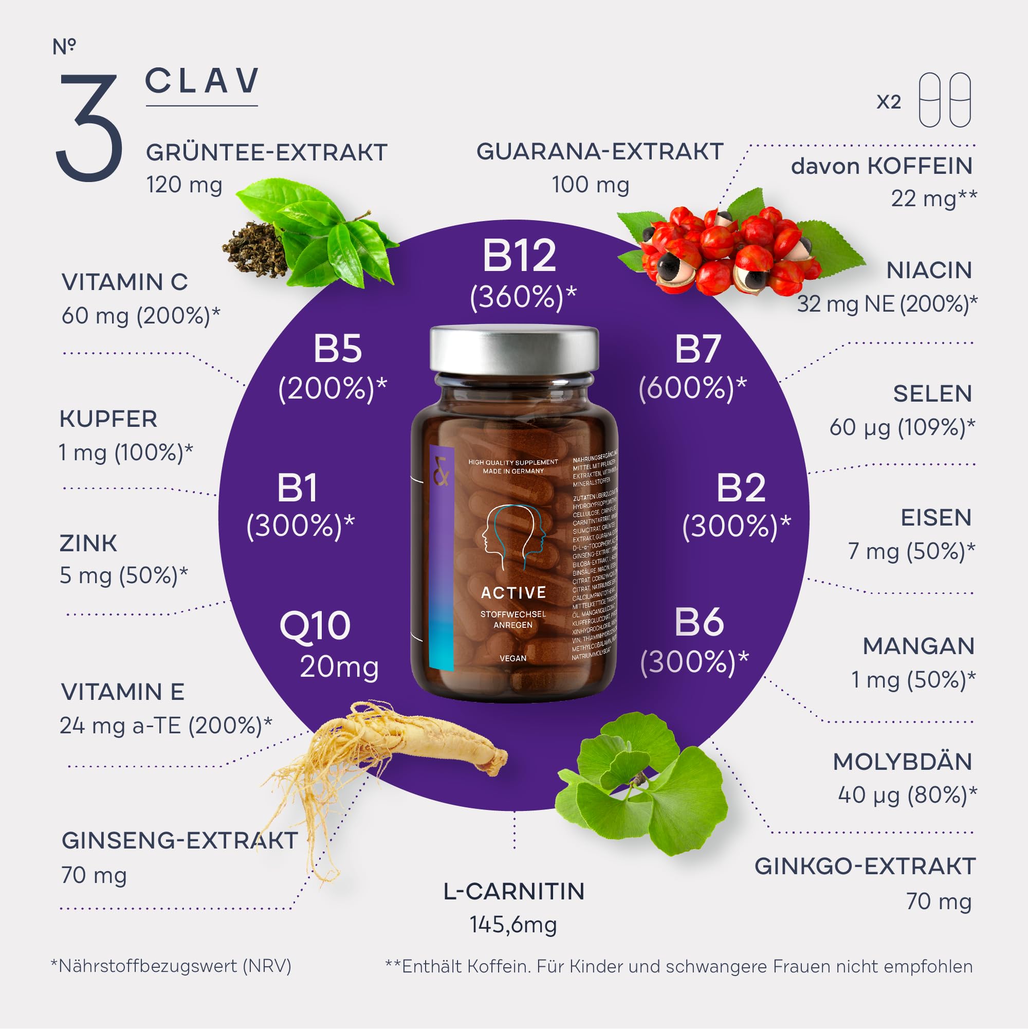3er Set - CLAV N°3 Active - Stoffwechsel mit L-Carnitin, Grüntee Extrakt, Guarana, Ginkgo & Ginseng - gegen Müdigkeit und Erschöpfung - 60 Stoffwechsel Kapseln - Vegan