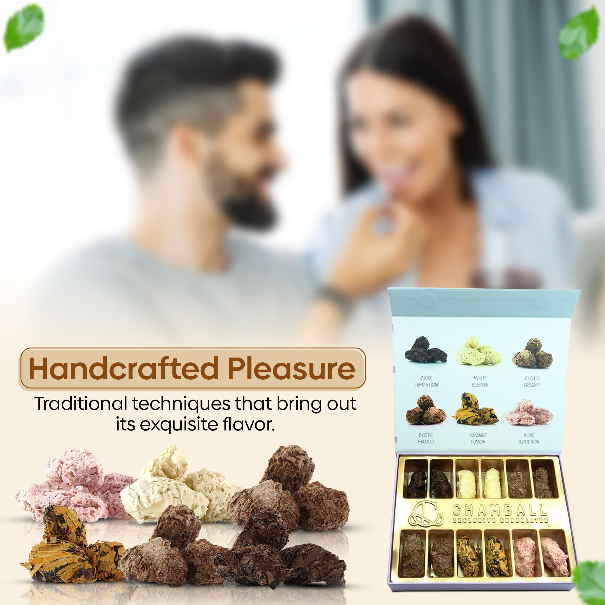 12 Trufas de Chocolate Belga Artesano con: Chocolate Blanco, Negro, Leche, Mango, Fresa y Naranja, Rocas de Chocolate ideal para Disfrutar y Regalar, Caja regalo Chocolate con Trufas Magicas CHAMBALL