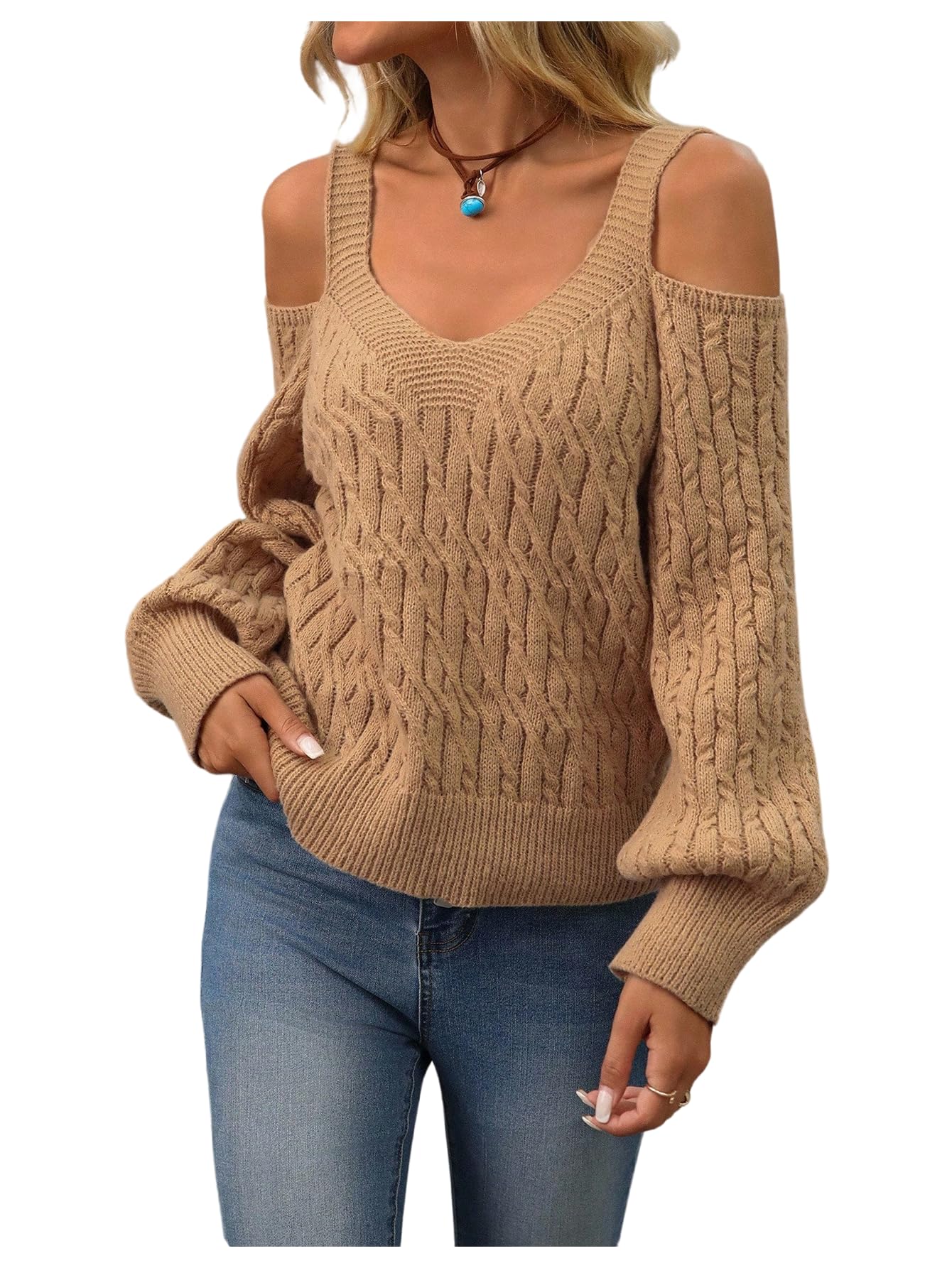 SOLY HUX Womens Cold Shoulder Sweater Cable Knit Long Sleeve Shirts Fall Pullover Tops