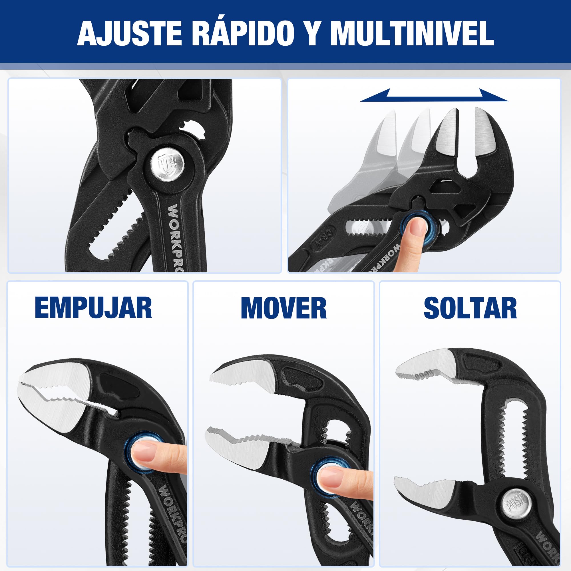 WORKPRO Juego de Llave Ajustable y Alicate de Bomba de Agua 2 Piezas, 180 mm, Alicate de Ranura sin Dientes y Llave para Tubos de Acero Cr-V Resistente, Ajuste Rápido para Trabajos de Reparación