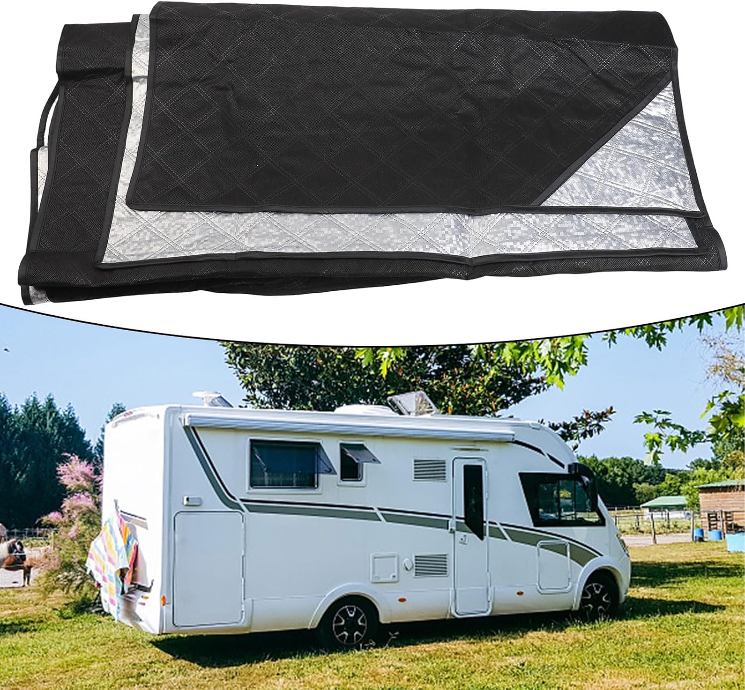 RV Windshield Cover for Ford 1997-2020, Portable Thermal Windscreen Cover with All-Season Sun and Moisture Protection, Easy Install Non-Woven Fabric Snow Shield for Motorhome Campervan