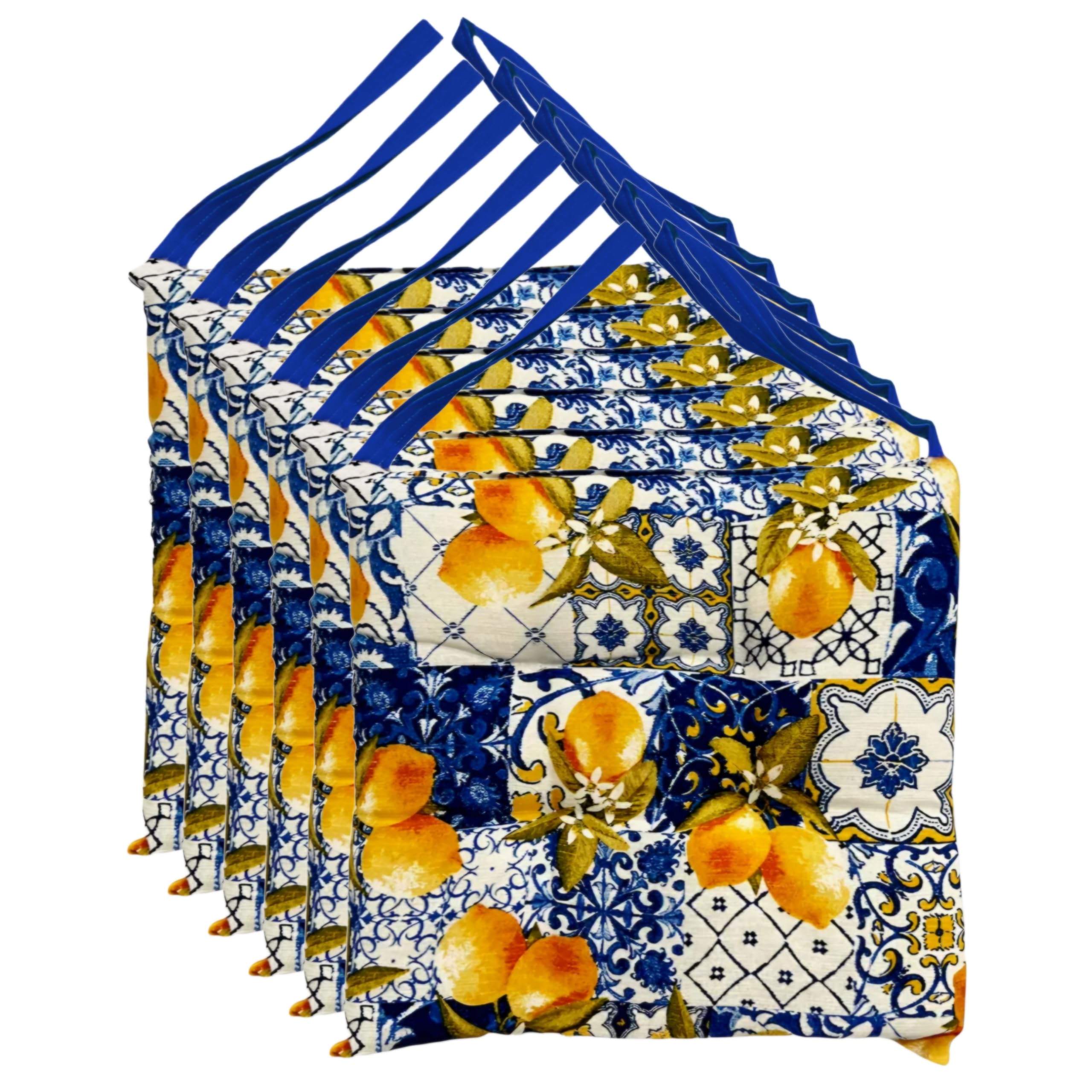 Cuscini Sedie Cucina (set da 6) Con Lacci Stile Capri Limoni Imbottito 40x40 (Blu)