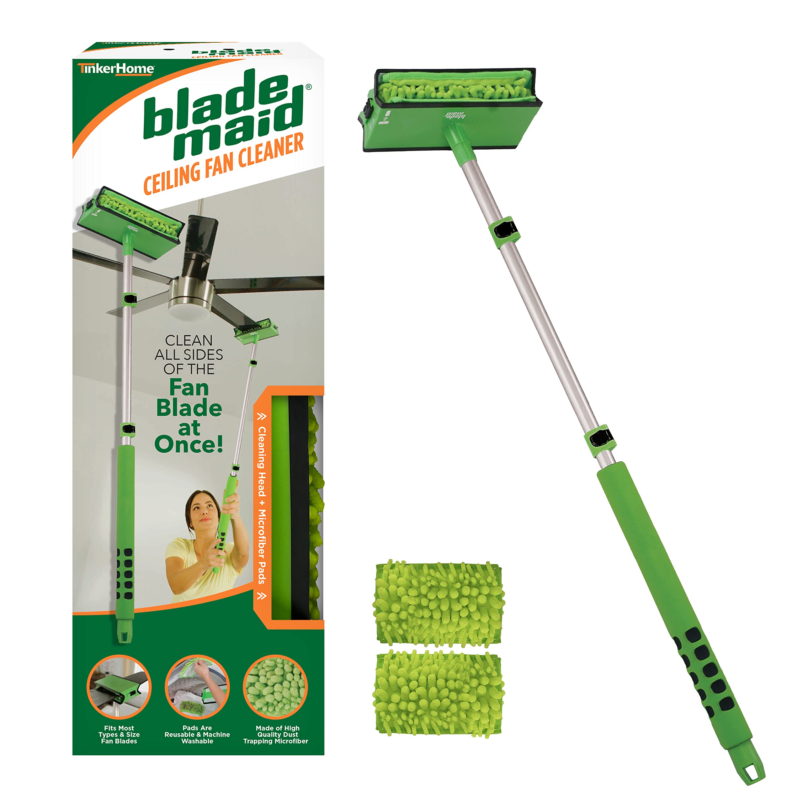 Blade Maid Ceiling Fan Cleaner- Cleaning Tool with 3 Foot Extendable Pole, Cleaning Head, Reusable Fiber Duster Green