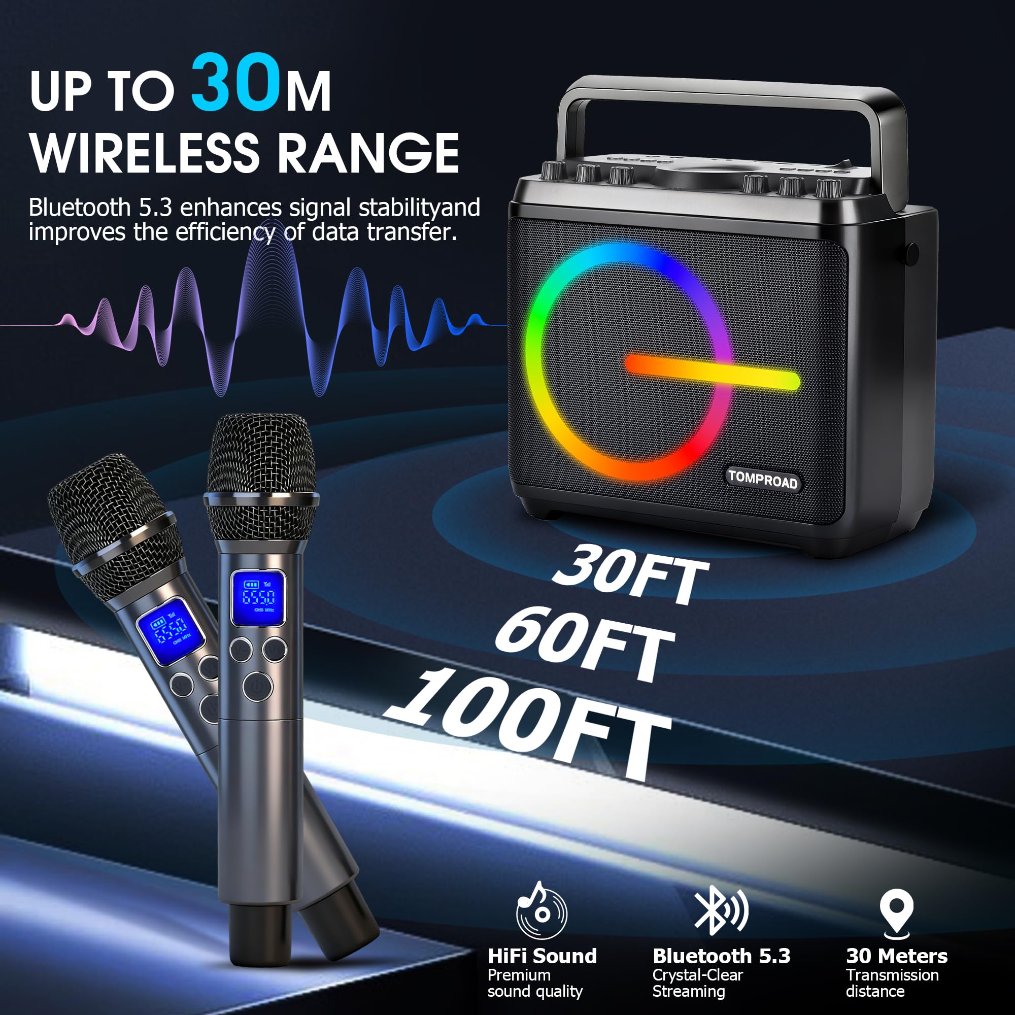 Macchina per karaoke, altoparlante Bluetooth con 2 microfoni wireless, sistema PA portatile per adulti e bambini con luci LED, regolazione dei bassi/acuti, scheda TF/USB, REC per feste a casa(nero)