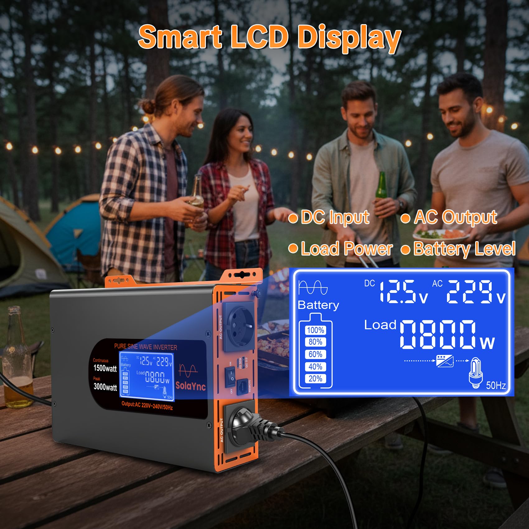 Inverter 1500W/3000W 12V 220/230V Onda Sinusoidale Pura,2 EU Presa,Porta Type-C da 30W e porta USB, telecomando LCD schermo LCD,Adatto per Elettrodomestici, Camper Campeggio