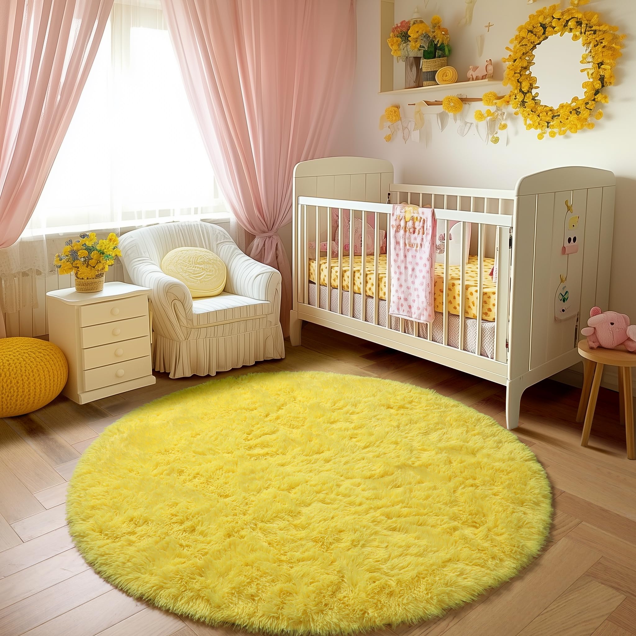 Amdrebio - Alfombra redonda amarilla de 183 cm para salón o dormitorio, mullida de felpa y pelo largo, para decoración de guardería, aula, habitación infantil o juvenil, niñas o niños, estilo kawaii