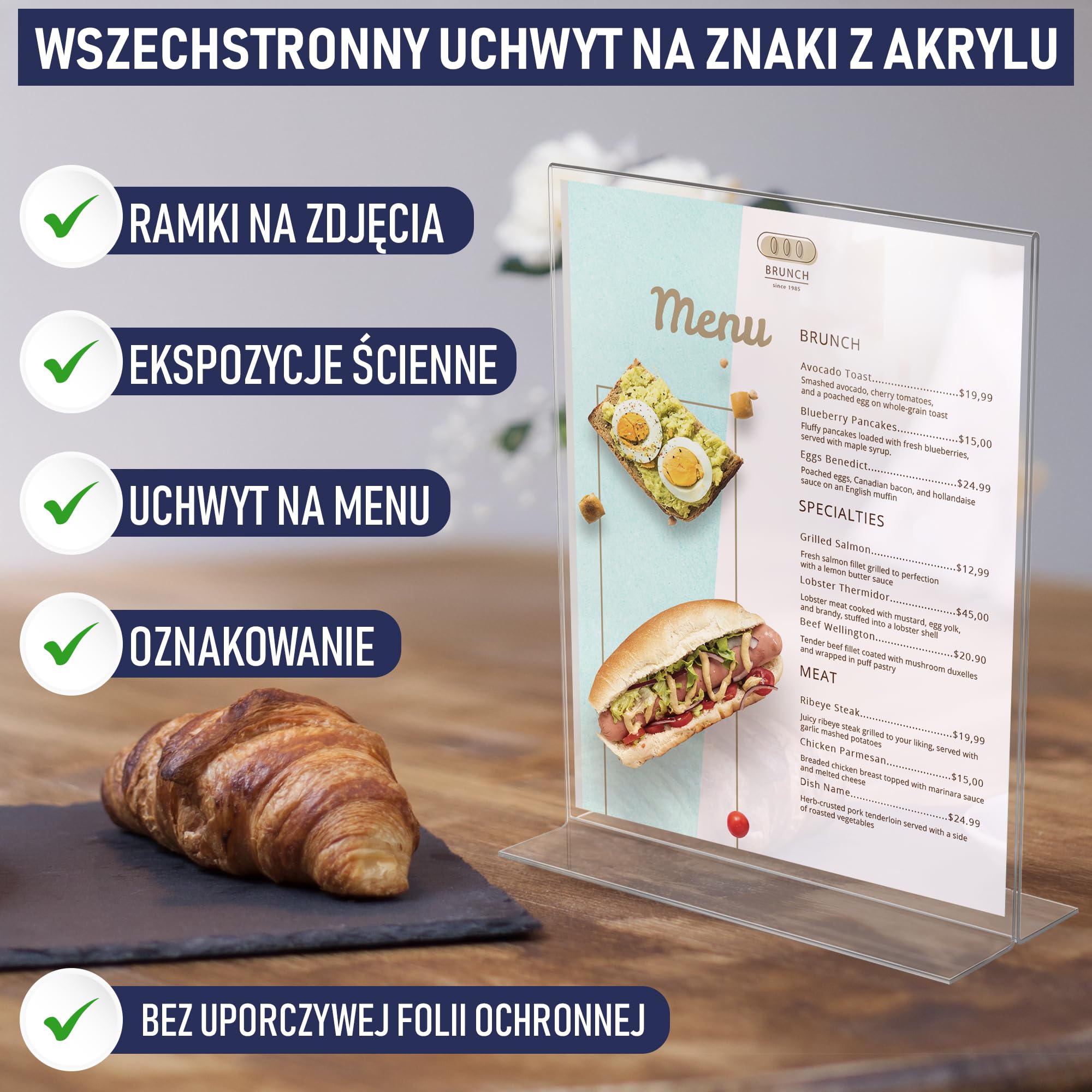 Uchwyt na Plakaty A4 z Akrylu – Stojak Stołowy w Kształcie Litery T, Dwustronny, Ładowany od Dołu, w Orientacji Pionowej. Idealny do Restauracji, Promocji, Zdjęć i Sal Lekcyjnych (A4 – Zestaw 3 Szt.)