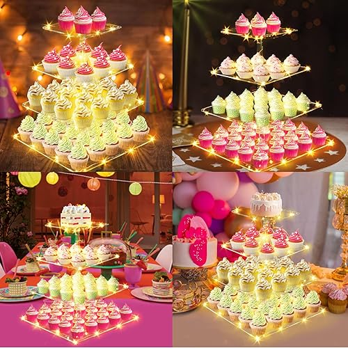 Miniatura 6 de Soporte de acrílico transparente de 4 niveles para cupcakes con cadena de luces LED blancas cálidas, soporte cuadrado de exhibición de cupcakes para