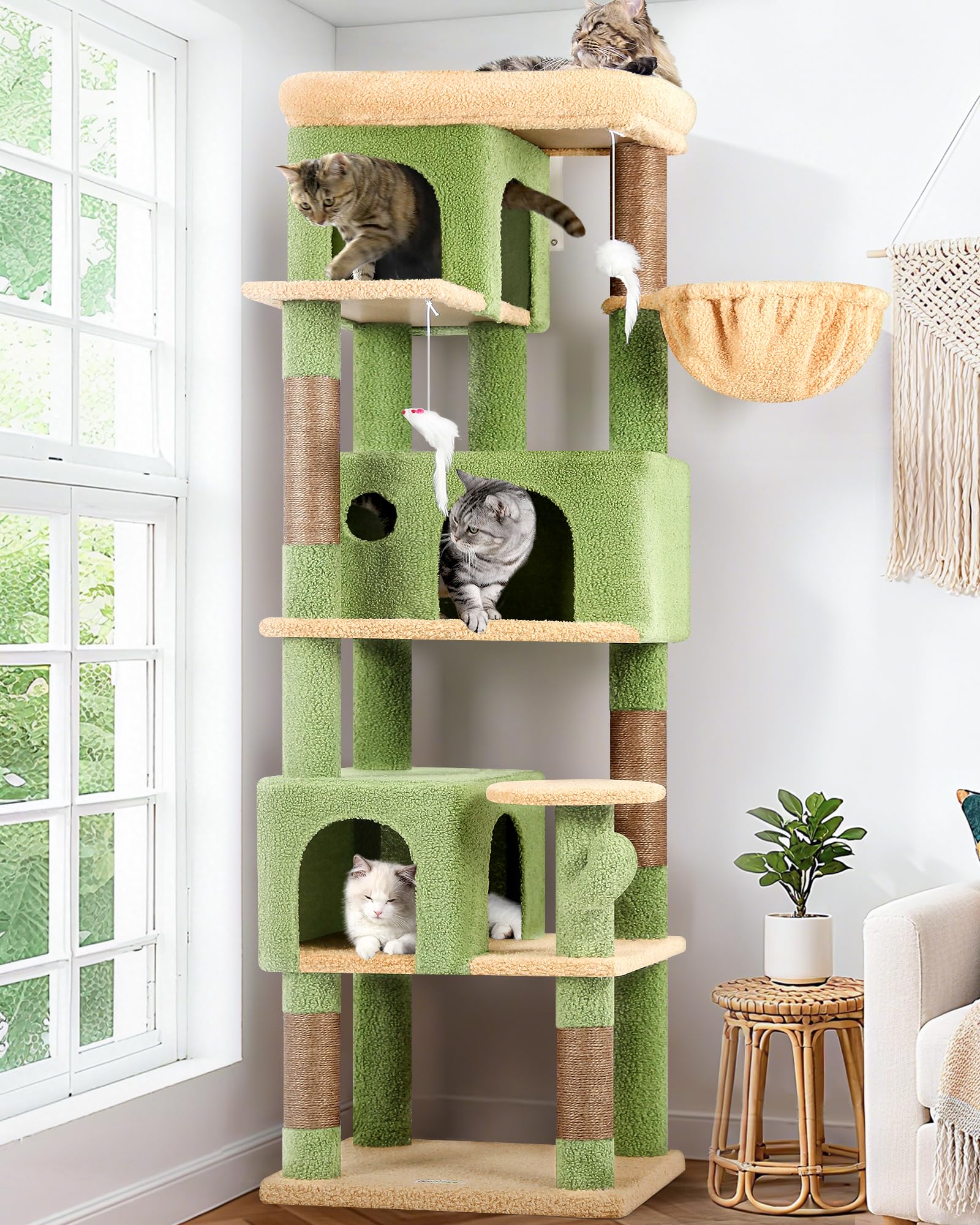 Globlazer Corner Cat Tree Cactus Green for Indoor Cats 168 cm with 3 Caves, Large Cushion Platform, Basket, Sisal Scratching Posts, Sturdy Cat Tower for 3-4 Adult Cats Rest Play Scratch (F66, Green)