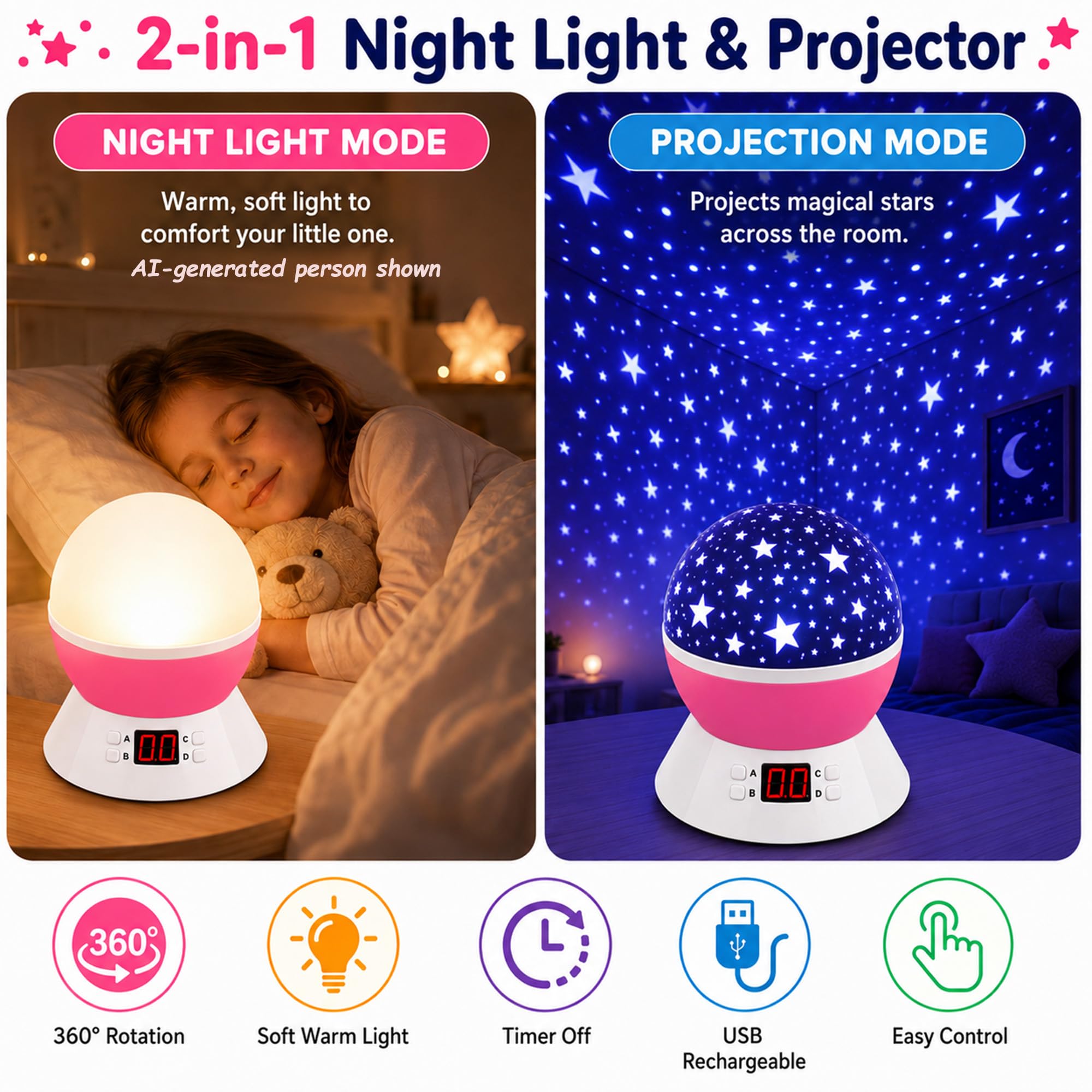 Mokoqi Projektor-Zubehör, Lampen, Sternenprojektor, Nachtlichter für Kinder, mit Timer, Geschenke 1–14 Jahre alte Mädchen und Jungen, Raumlichter leuchten im Dunkeln, Sterne, ideales Geschenk, schwarz