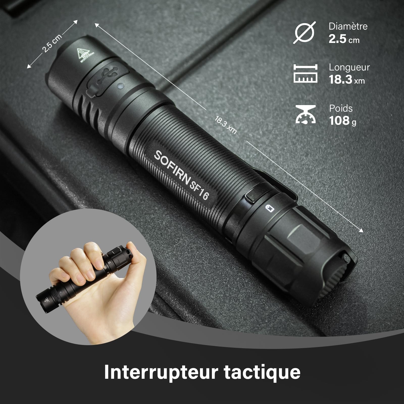 Lampe de poche UV 365 nm - Lumière noire - Lampe torche tactique rechargeable à LED pour détecter l'urine de chien - Dévoilement des taches invisibles - Ultraviolet pur haute définition (SF16 Noir)