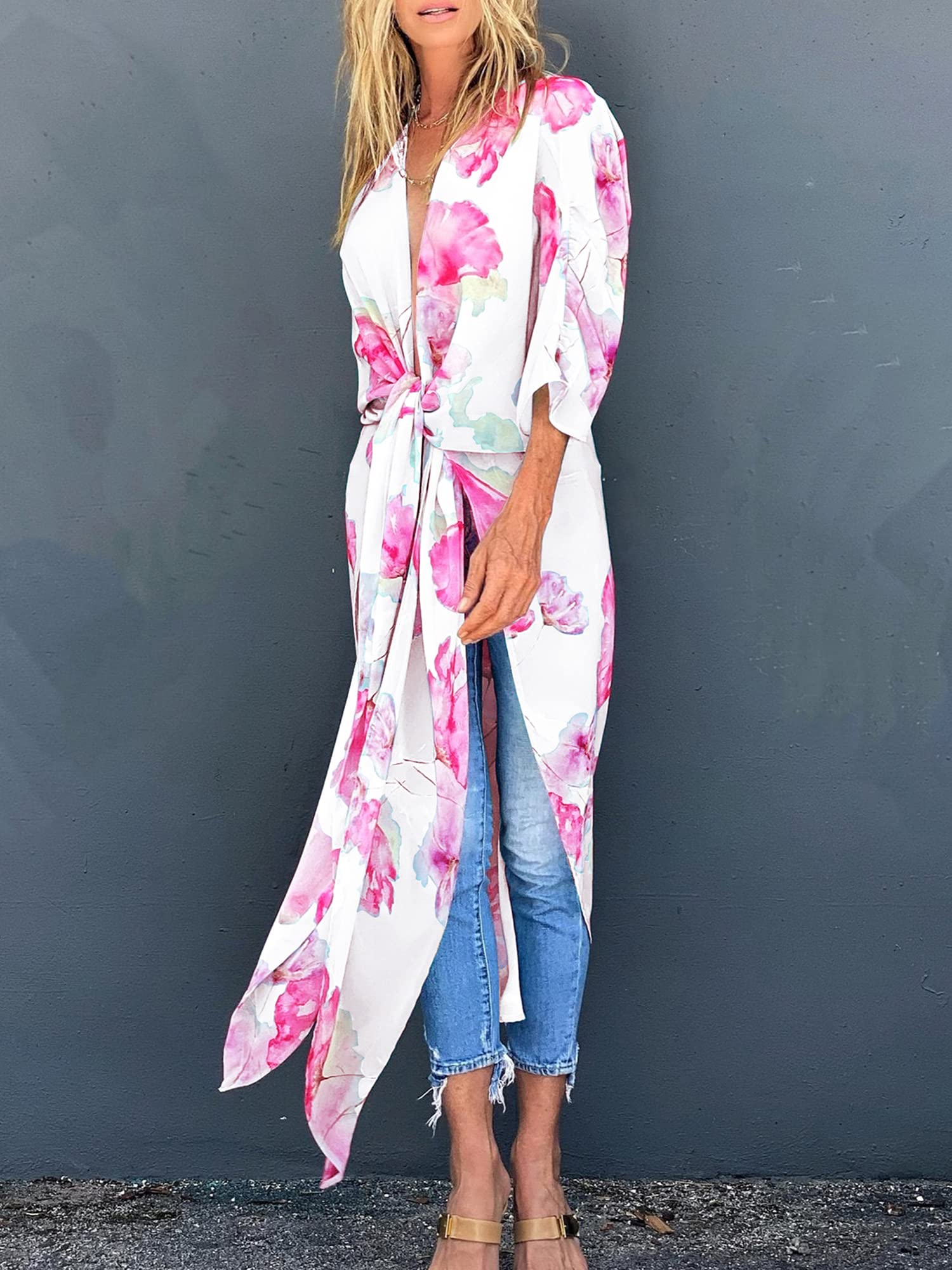 Chunoy Damski kwiatowy nadruk lekki szyfonowy kimono kardigan z krótkim rękawem luźna odzież plażowa okrycie bluzka top