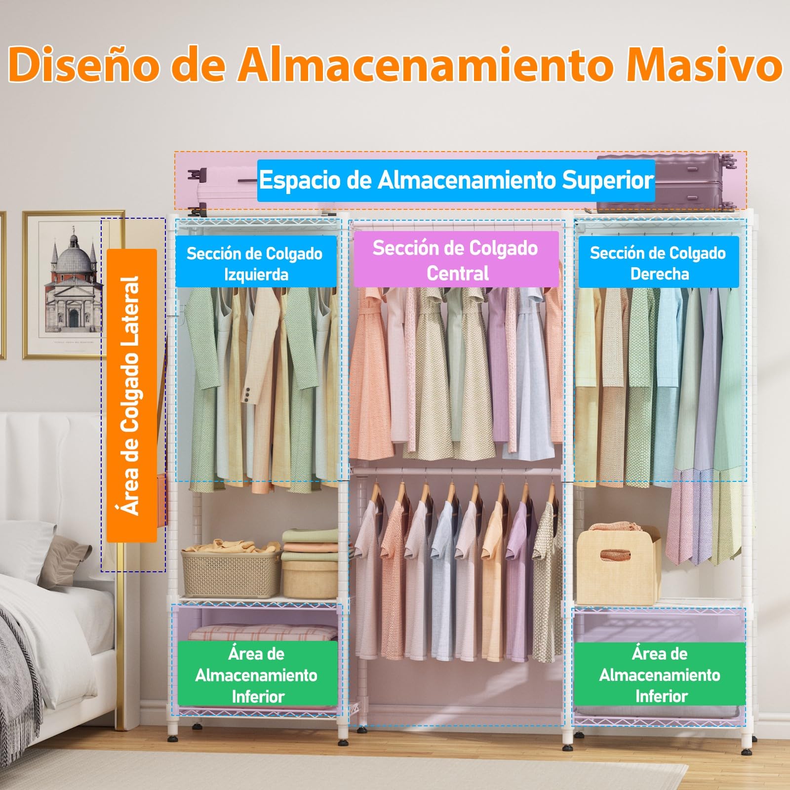 Himimi Perchero Telescópico con 4 Barras para Ropa, Armario Estable de Alta Capacidad con 6 Estantes Metálicos y 1 Gancho, Altura Ajustable, Sistema de Armario Abierto, A(182-240) x H180 cm Blanco