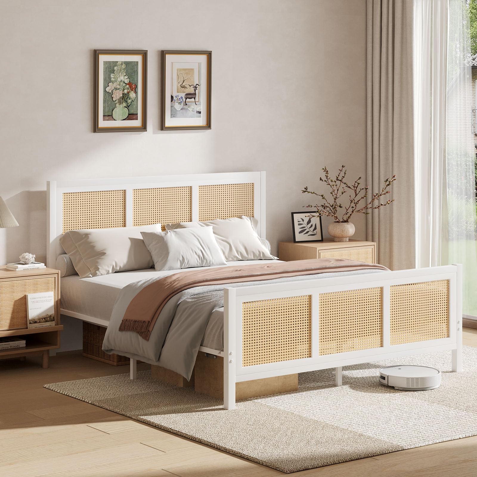 Boho Bed Frame Full, Rattan Bed Frame with Natural Headboard, Metal Platform Bed Full Size with Strong Slats Support, No Box Spring Needed, Noise-Free, Easy Assembly, White