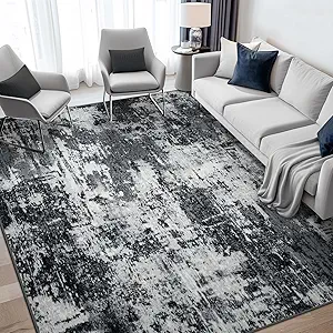 Washable Area Rugs 6'x9' Non-Slip Modern Abstract Soft for Living Room Entryway Bedroom Nursery, Print Pattern, Black Gray