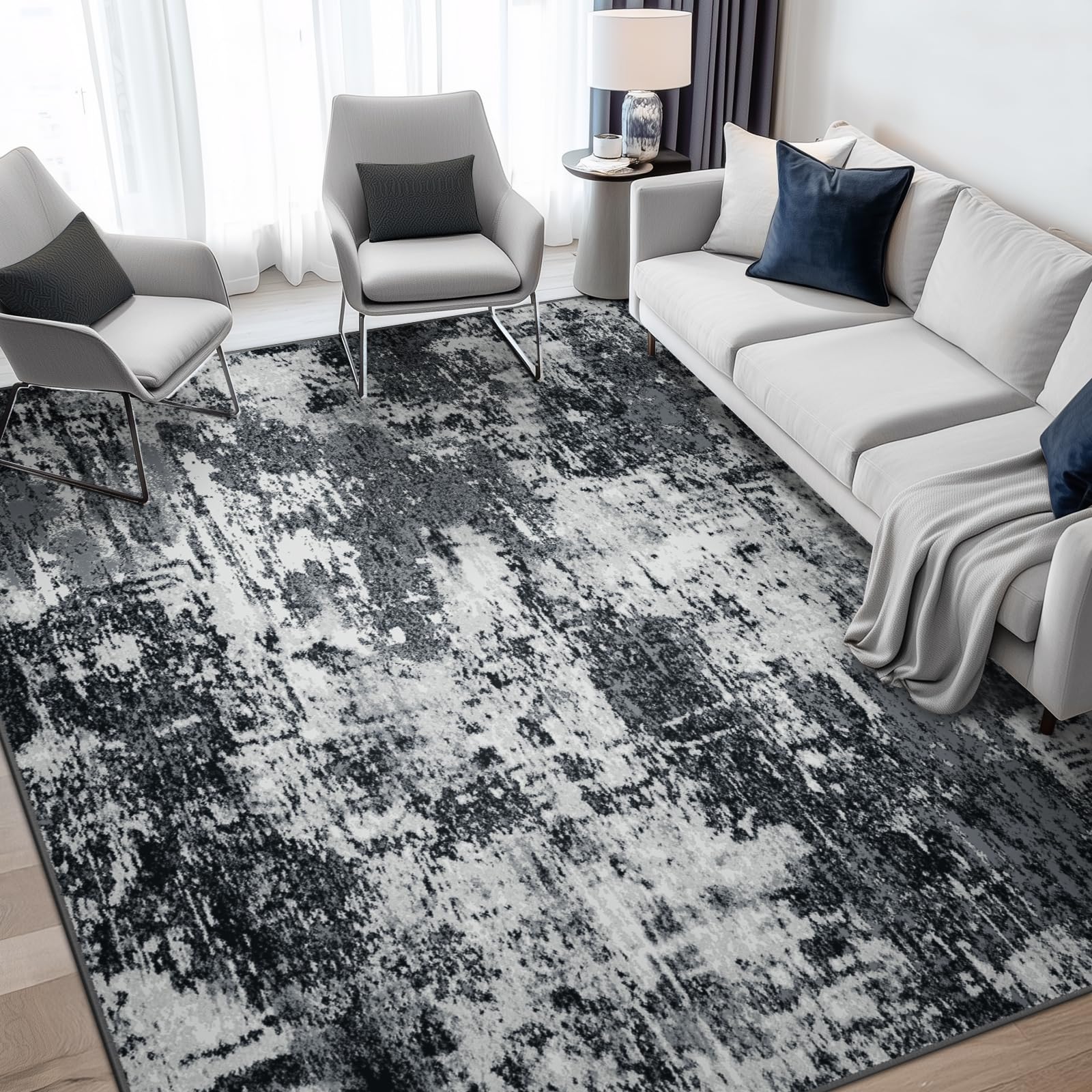 RELEANY Washable Area Rugs 5'x7' Non-Slip Modern Abstract Soft for Living Room Entryway Bedroom Nursery, Print Pattern, Black Gray