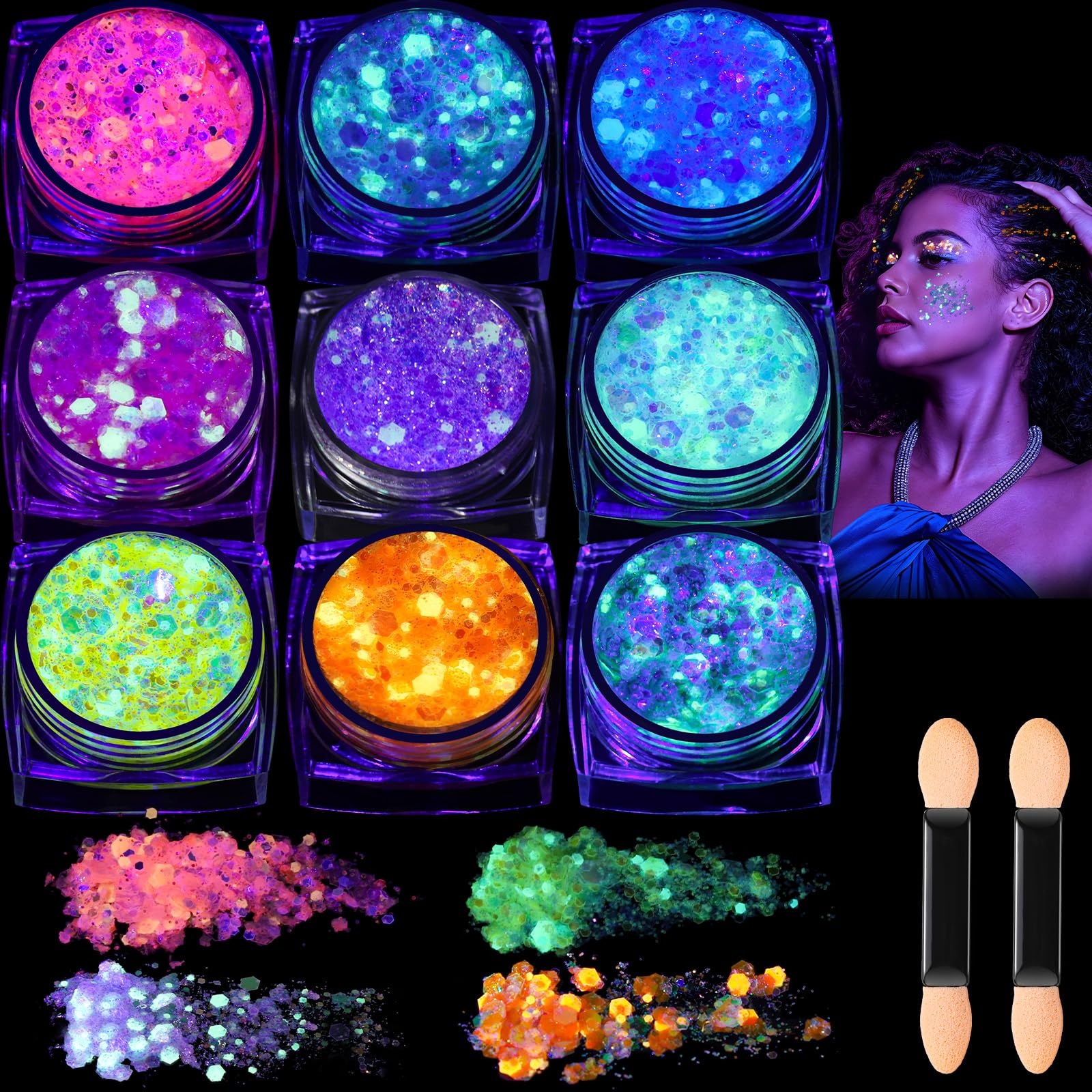 Teenitor 9 Colors Glow in The Dark Glitter Gel for UV Black Light Party