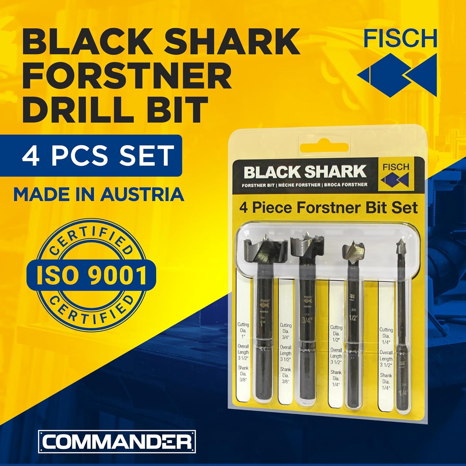 Fisch Black Shark Forged Steel Forstner Drill Bit Set for Woodworking, Precision Wave Design, Clean Cuts in Hardwoods, MDF, and Plywood, Made in Austria (4 Pcs. Set Inc.(1/4" to 1") in Blister Pack)