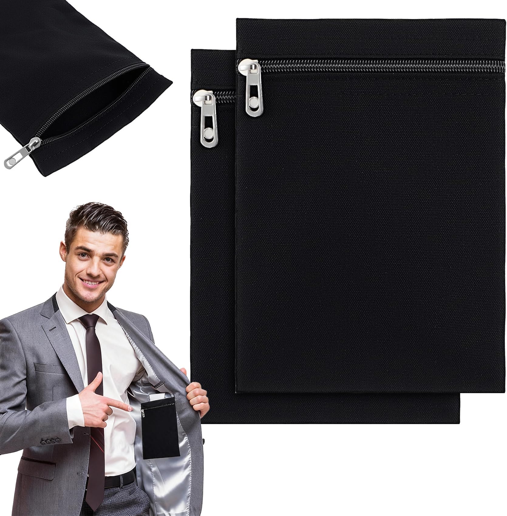 Sew-in Side Pocket, 2 Pack Zipper Coat Inside Pockets Sewing Drainage Pouch Travel Security Pocket Hidden Wallet for Travel Jacket, Shirt, Jacket, Robes, Hoodie, Sweater (Black 2pcs)